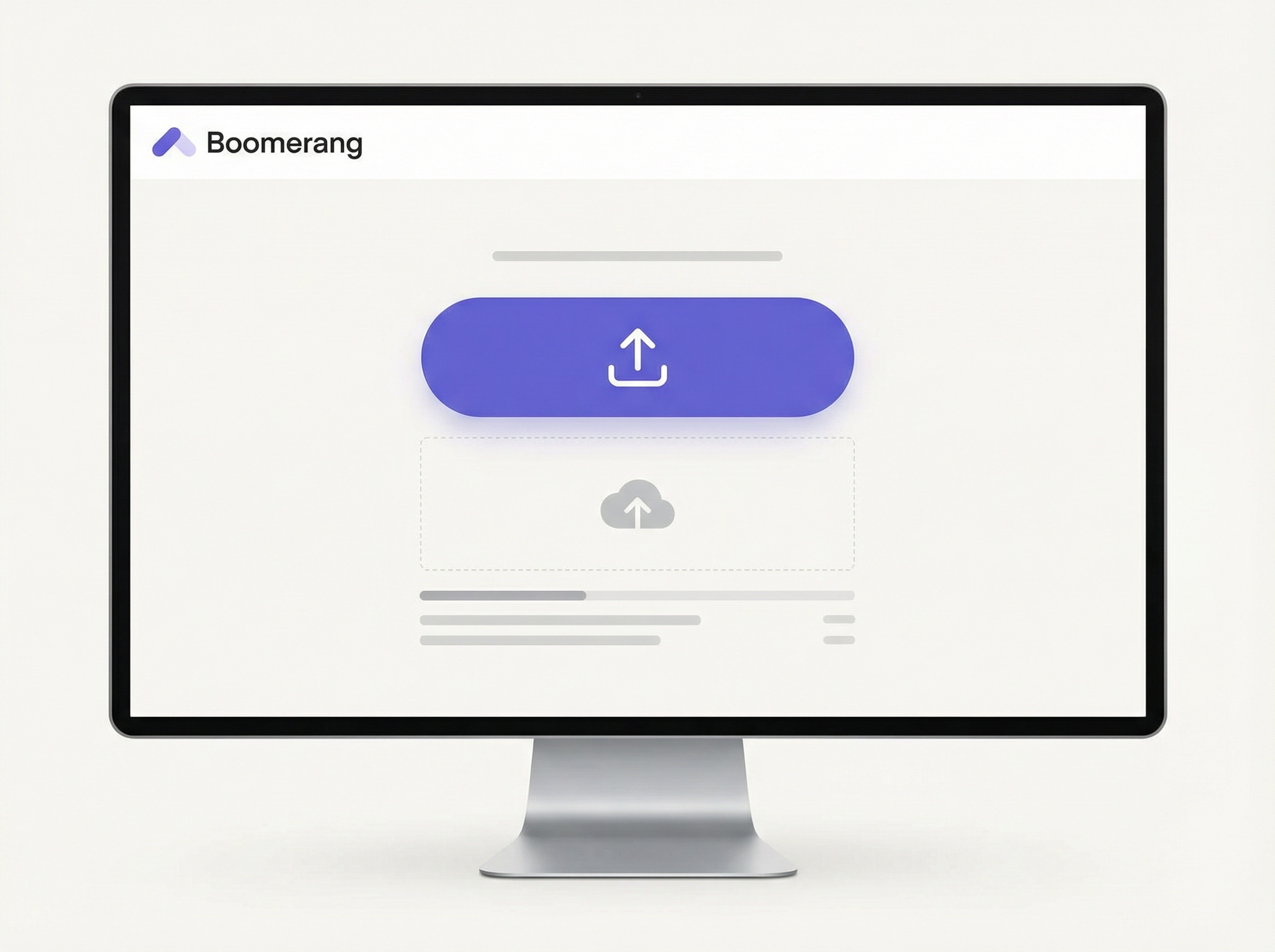 A simple and clean user interface of Boomerang's file upload page on a desktop screen. The design emphasizes ease of use with a prominent upload button and minimal distractions. Informational style, modern layout, no visible text, aspect ratio 4:3.