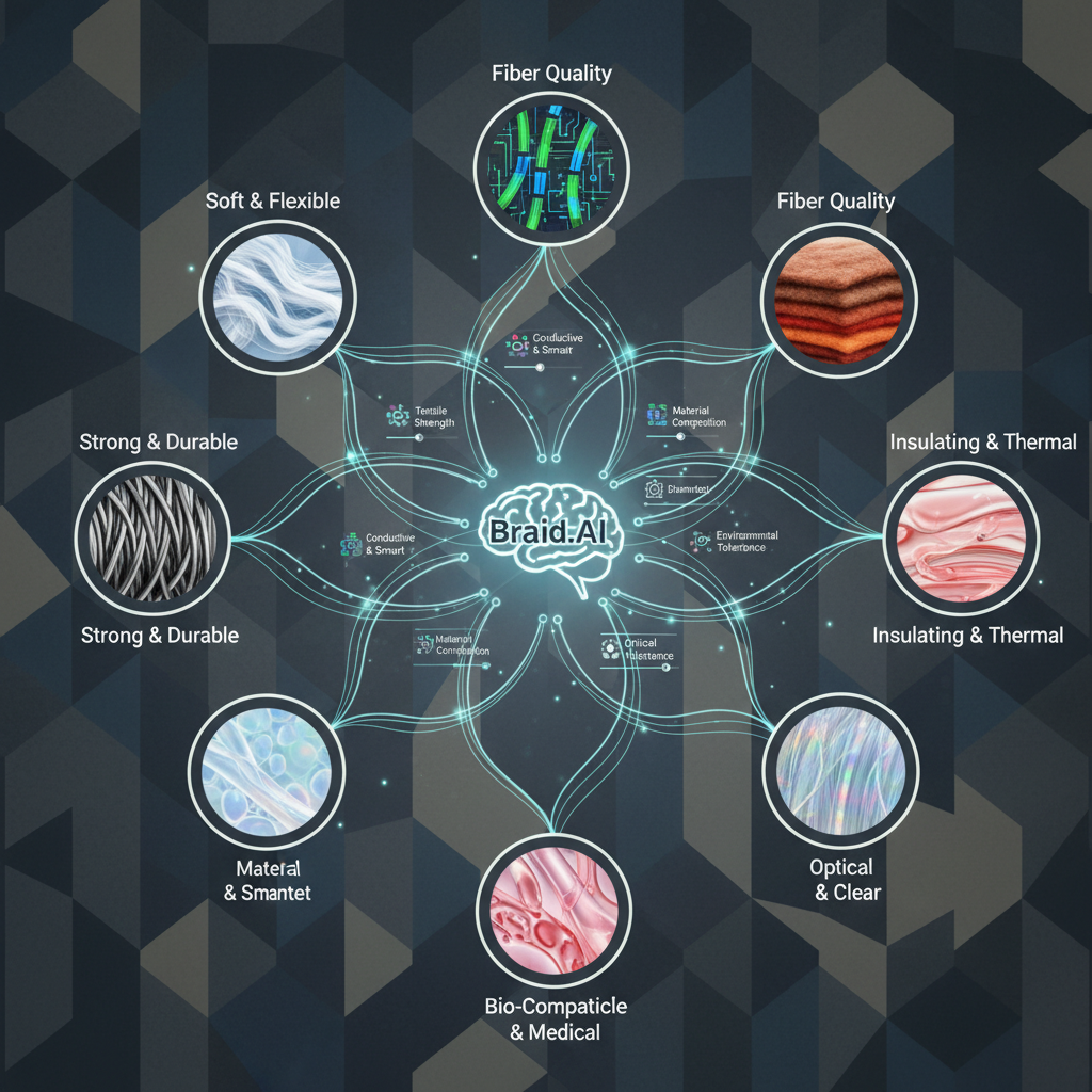 An illustrative infographic showing Braid.AI's various parameters being fine-tuned to create different fiber qualities, modern layout, balanced lighting, textured background, no text, centered focus, visually rich
