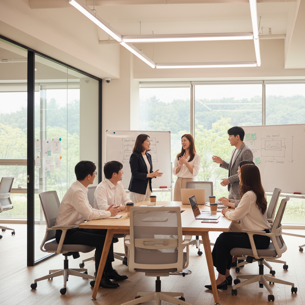 A diverse team of Korean professionals, men and women, engaging in a lively discussion in a modern, well-lit office space, collaborative atmosphere, warm lighting, natural setting, lifestyle photography, no text.
