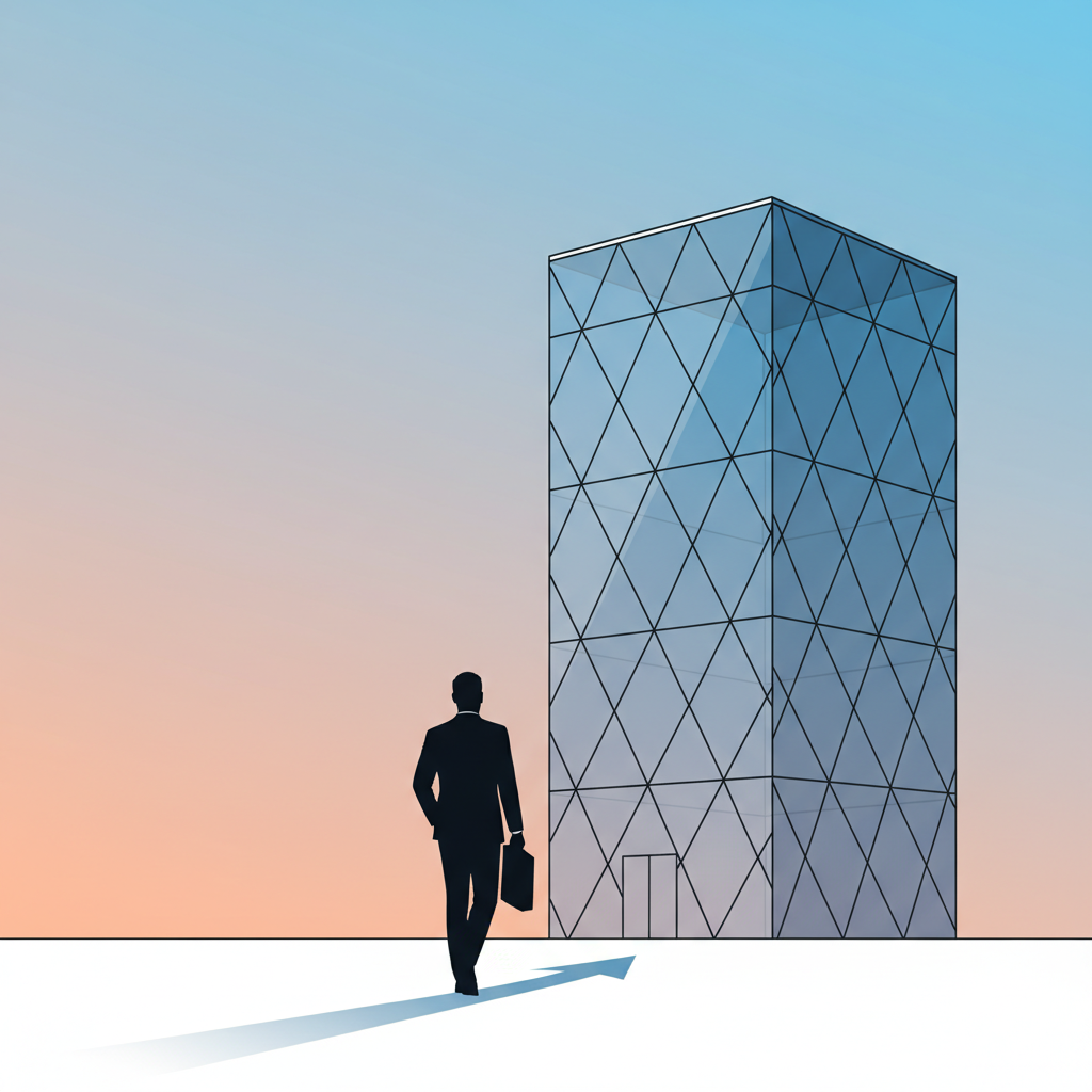A figure walking away from a modern, glass building representing a venture capital firm, with a determined expression. The building facade has subtle geometric patterns. The background is a soft, gradient sky transitioning from dawn to light blue. Clean infographic, high contrast, no text.