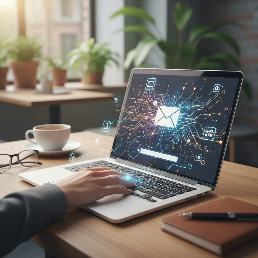 A close-up shot of a hand typing an email on a laptop, with subtle AI elements suggesting interaction and task management, lifestyle photography, rich background, no text, 4:3 aspect ratio