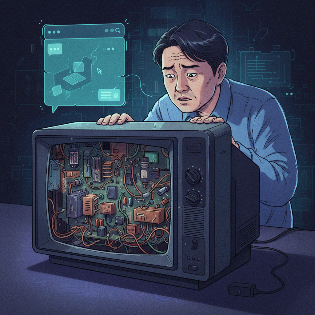A Korean person looking confused and concerned while looking into the intricate internal components of an old CRT television, with a stylized, slightly glitchy AI chatbot interface projected subtly in the background, illustration style, artistic rendering, dark and textured background, no visible text.