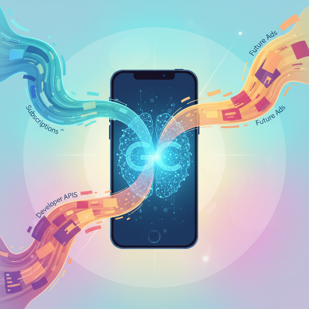 a conceptual image of multiple streams flowing into a central mobile phone representing ChatGPT, symbolizing diverse revenue channels like subscriptions, developer APIs, and future ads, abstract, bright background, no text