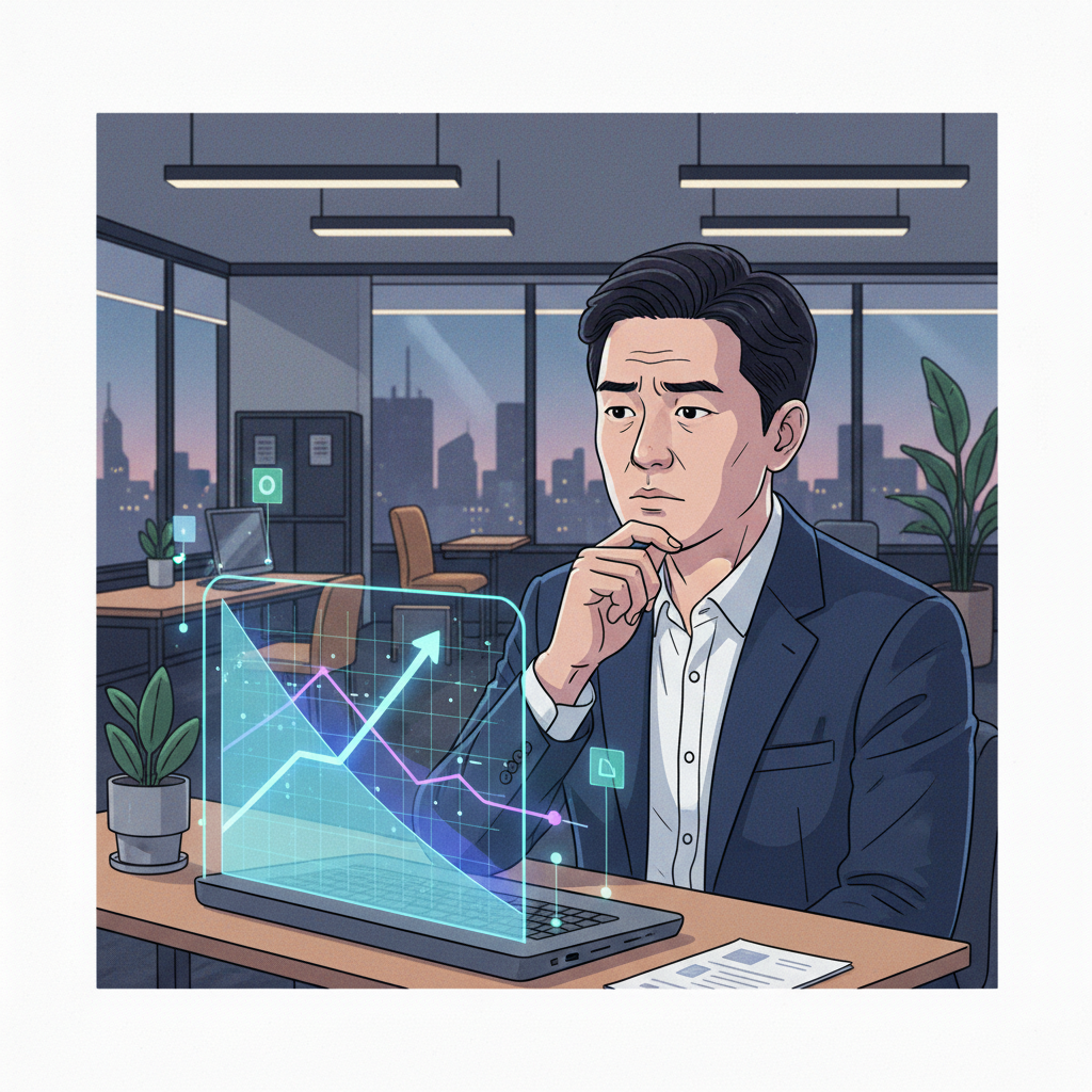 A stylized illustration of a line graph subtly showing a slight decrease or plateau after a period of rapid growth. A single Korean person thoughtfully observes a glowing digital display with AI-related visual elements, expressing a concerned but contemplative expression. The background is a modern office environment with soft, ambient lighting. Style: illustration, artistic rendering, textured background. No visible text, focus on conveying 'slowdown' through visual metaphors. Full frame, slightly muted colors to convey seriousness.