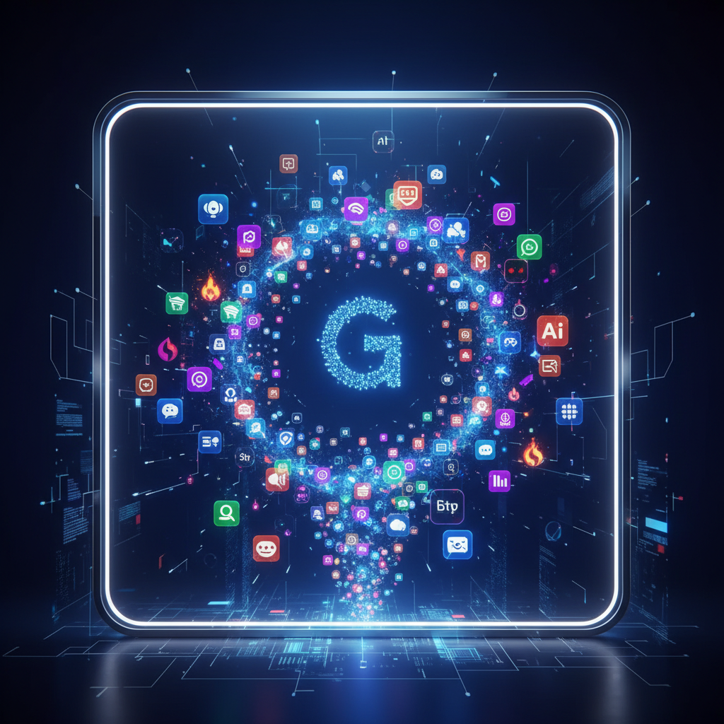 A futuristic digital storefront, glowing with various app icons, representing the ChatGPT app store opening. Clean infographic, modern layout, high contrast, colored background, 1:1 aspect ratio, no text.