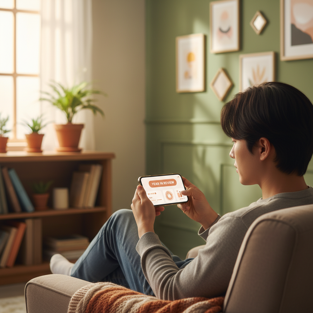 A Korean person holding a smartphone, looking at the ChatGPT app on the screen which shows an option for "Year in Review." The background is a cozy home setting, natural lighting, lifestyle photography, warm lighting, colored background, no visible text on UI elements, 1:1 aspect ratio