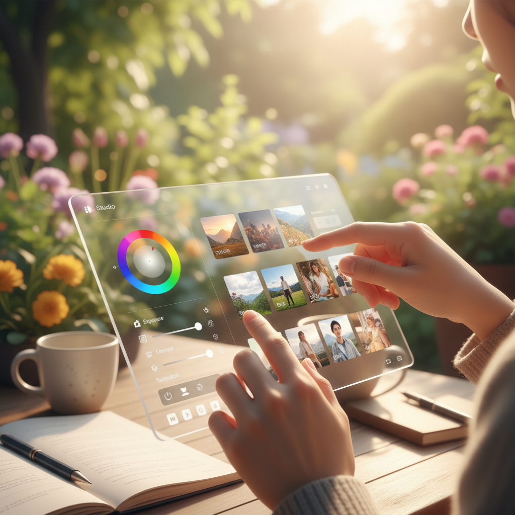 A user is actively creating and editing various images in the ChatGPT image studio interface, showing intuitive controls and a wide array of options, lifestyle photography, warm lighting, natural setting, Korean hands interacting with a screen, rich background, no visible text on the UI elements