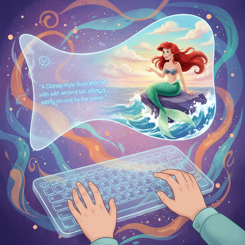 A creative illustration showing a user typing a prompt into a conceptual ChatGPT interface, and instantly, a beautifully generated image of a Disney character (e.g., Ariel or Yoda) appearing on a screen. The style is digital art with a colorful, textured background. No text.