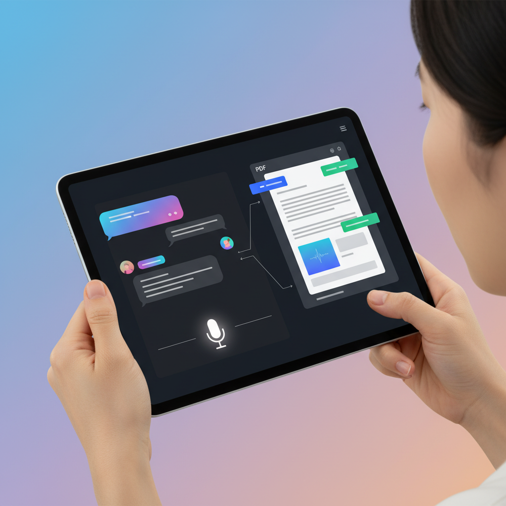 A user interacting with a ChatGPT interface on a tablet, with a PDF document open and showing sections being edited based on conversational commands, clean and modern UI, gradient background, no visible text. Korean appearance.