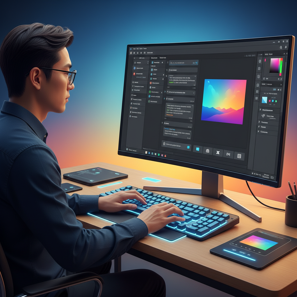A user interacting with ChatGPT on a desktop, typing commands to edit an image, with Adobe Photoshop UI elements subtly integrated into the AI interface, modern design, bright colored background, no visible text. Korean appearance.