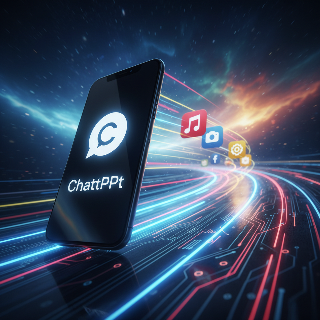 a dynamic scene illustrating speed and lead, a sleek mobile phone with a ChatGPT icon racing ahead of other generic mobile app icons, all on a track, emphasizing rapid progress, colorful background, no text