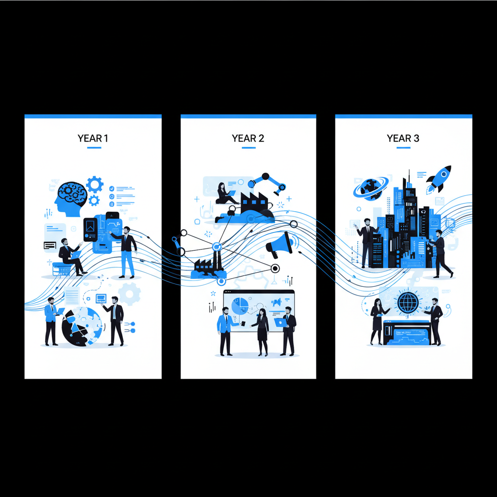 clean infographic, modern layout, high contrast, showing the timeline of ChatGPT's impact over three years. Emphasize business and technology transformation. No visible text, no graphs or charts. Korean appearance people.