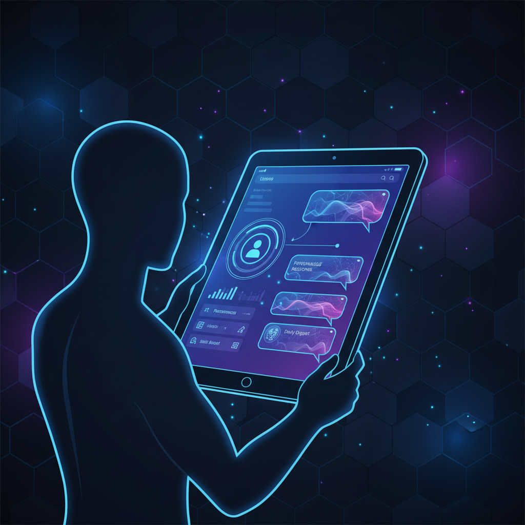 A clean infographic showing a person interacting with a highly personalized ChatGPT interface on a tablet. User profile elements and tailored responses are visible. Modern layout, high contrast, textured background, no visible text.