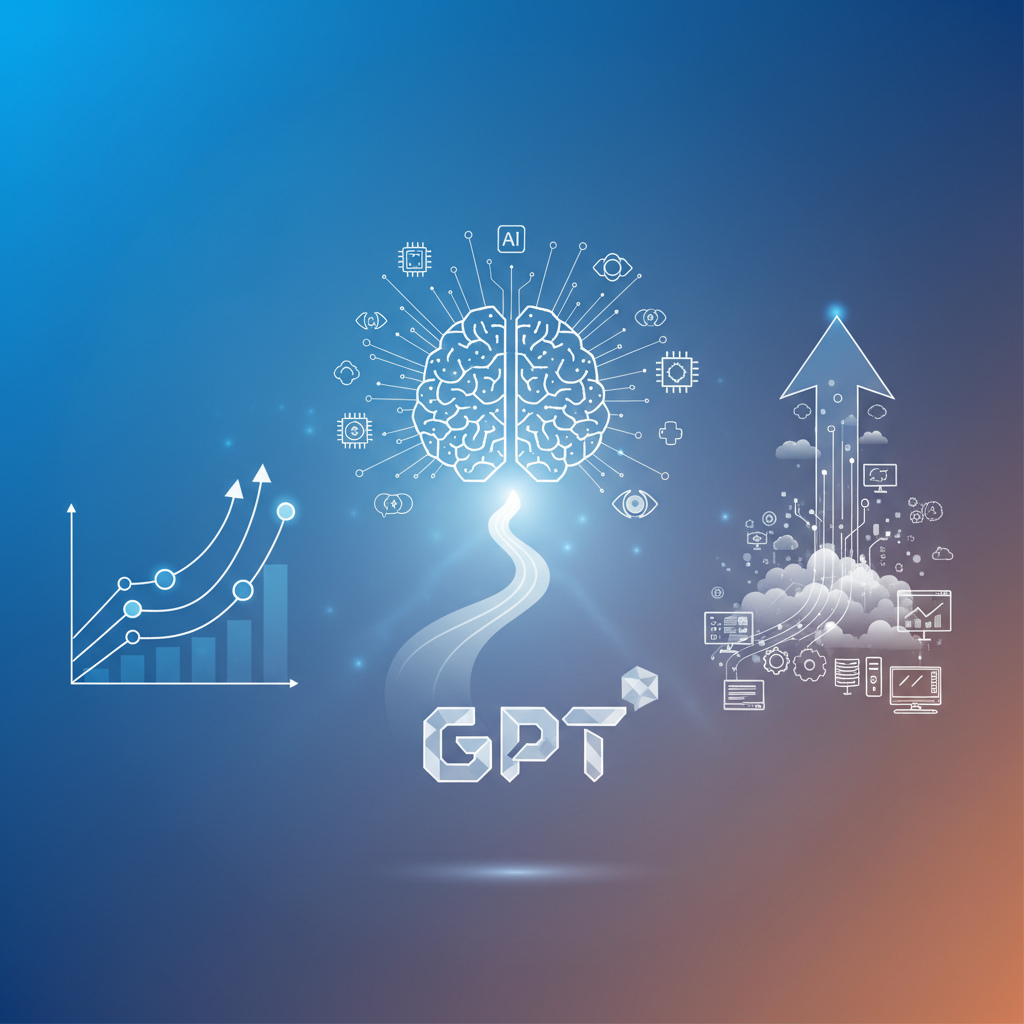 A complex, clean infographic illustrating the rapid rise of ChatGPT and its impact on the tech industry, with various AI symbols and growth charts in an abstract, modern style. Clean lines, bright lighting, gradient background. No visible text.