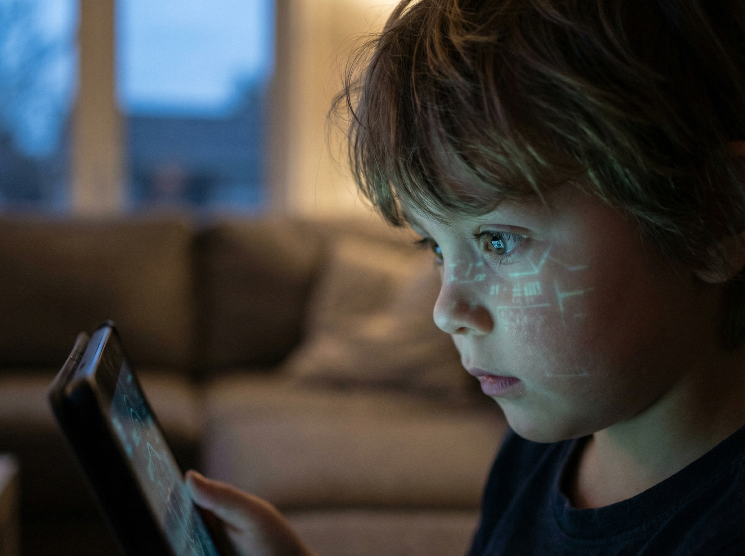 A child looking intently at a glowing screen, with a faint, unsettling AI interface reflected in their eyes. The background is softly blurred to emphasize the child's focus on the screen, hinting at potential isolation. Informational style, 4:3 aspect ratio, no visible text.