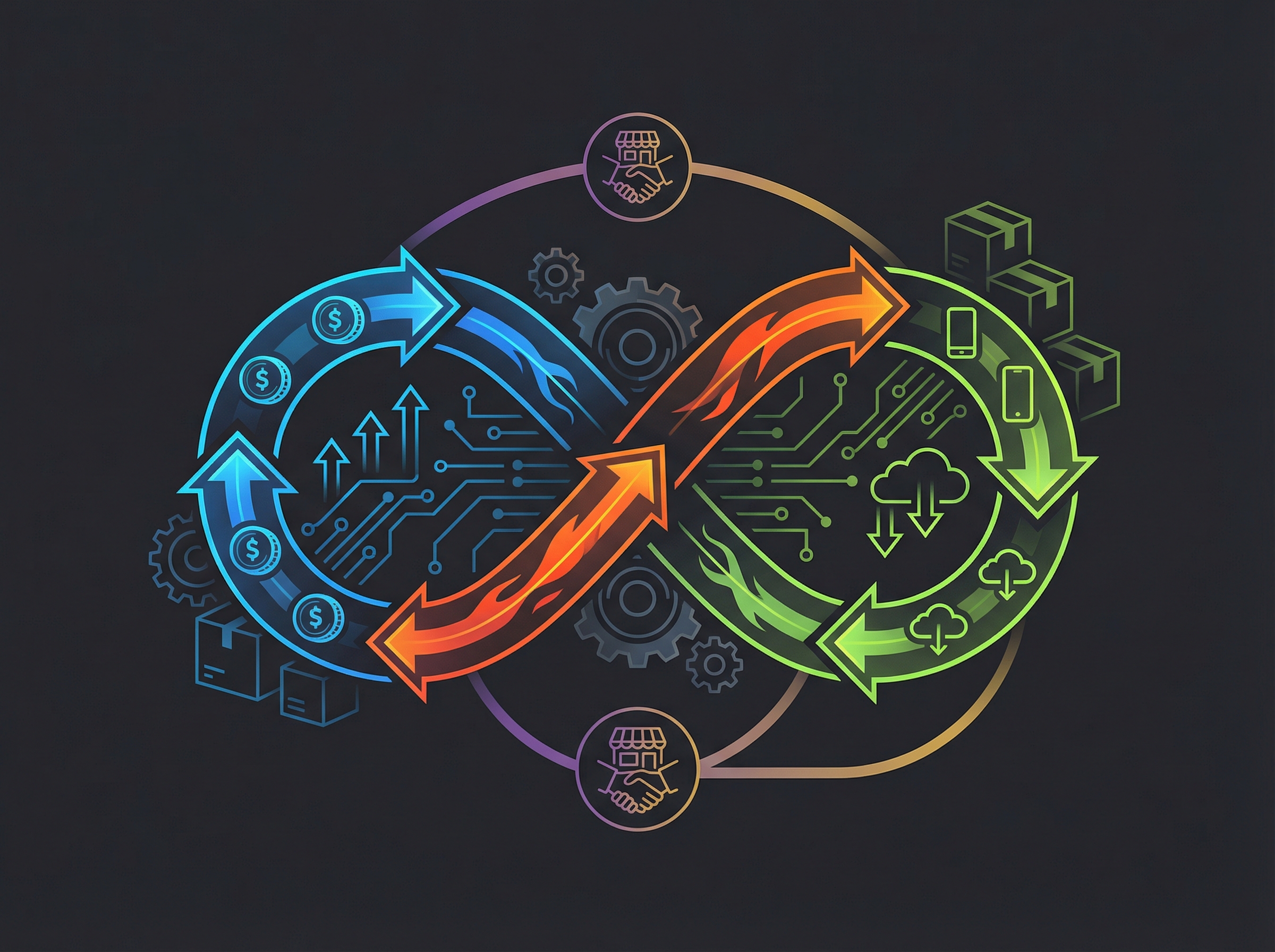 An abstract illustration representing a circular flow of money and products in a tech deal. Use modern layout and high contrast colors. It should subtly hint at vendor financing without explicit text. 4:3 aspect ratio, no visible text.