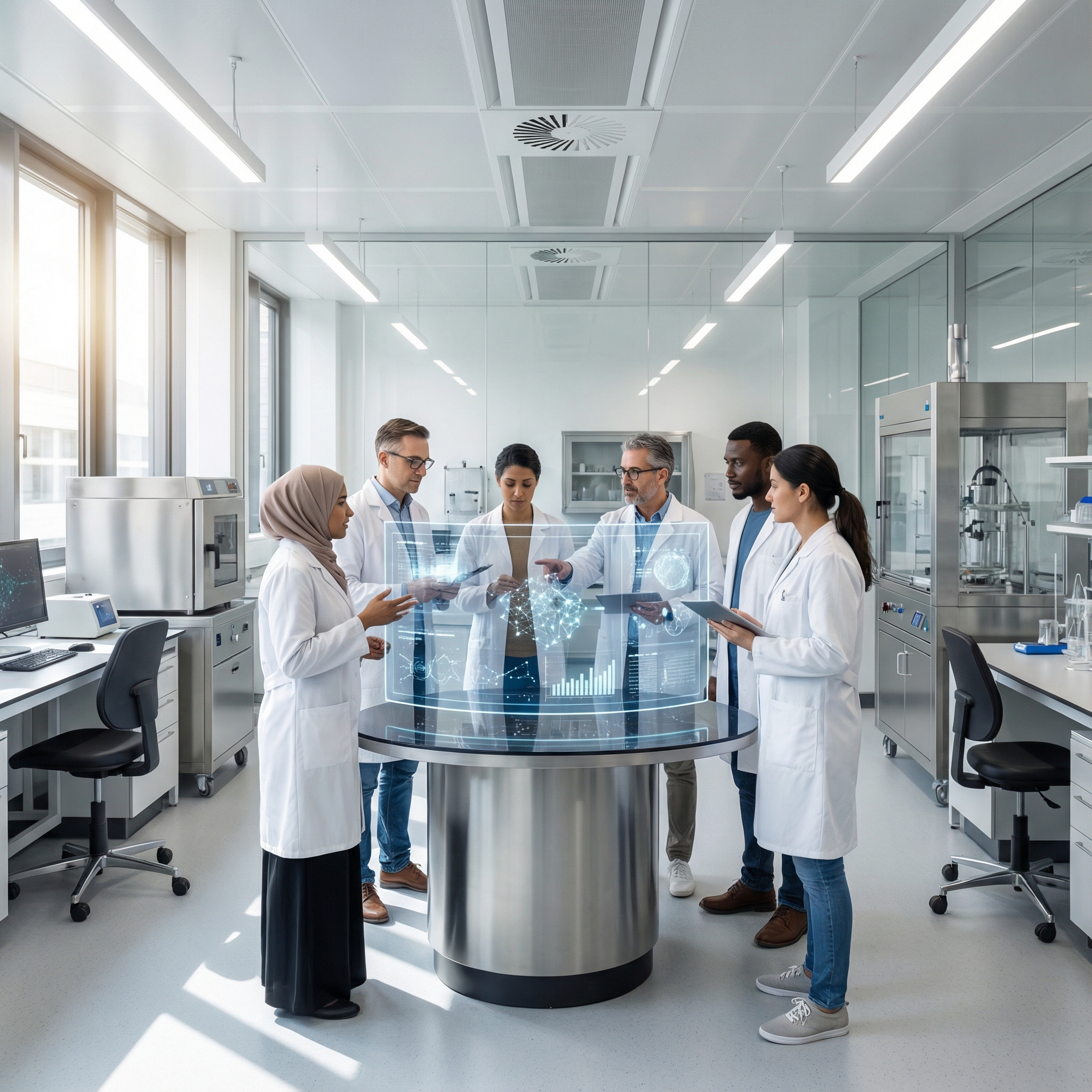 A diverse team of researchers working together on a complex digital interface displaying AI safety protocols, in a modern lab setting, detailed composition, bright and balanced lighting, 1:1 aspect ratio, no visible text