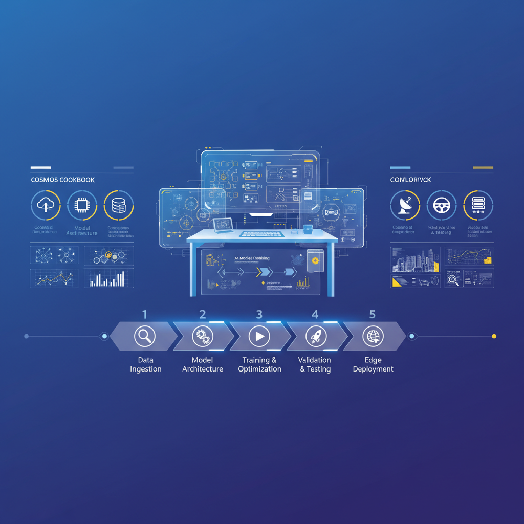 A modern infographic displaying a developer's workstation with schematics of the Cosmos Cookbook, showcasing tools and step-by-step guides for AI model training and deployment for autonomous driving. Clean layout, high contrast, colored background, bright lighting. No visible text.