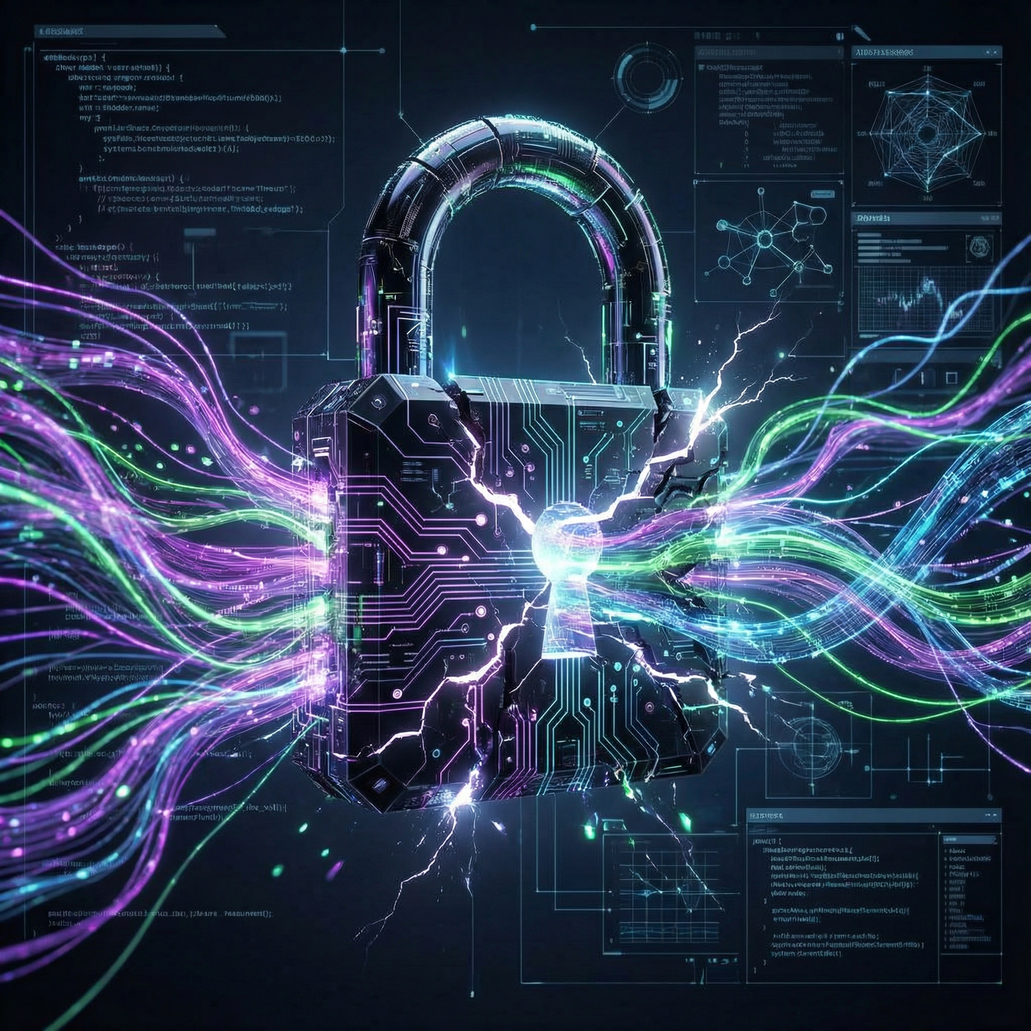 A futuristic digital padlock being breached by complex, flowing lines representing AI-powered cyber threats, dark and intense lighting, high-tech interface background, 1:1 aspect ratio, no visible text
