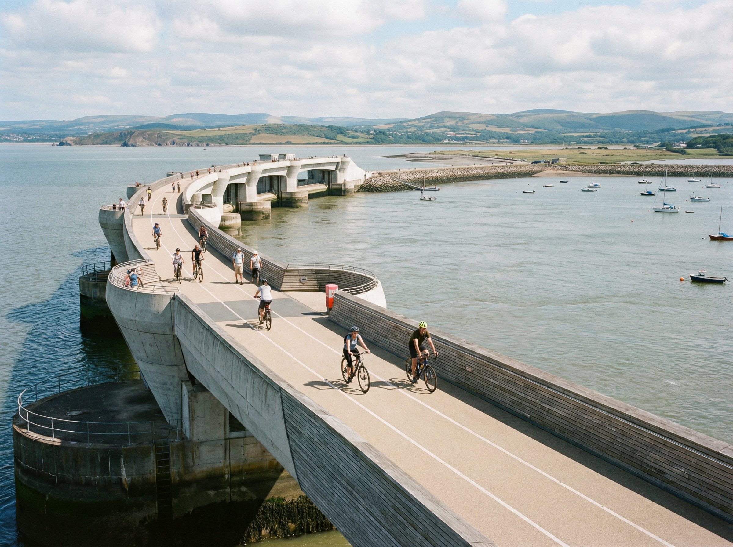 Cyclists and walkers enjoying a scenic path on top of a curving tidal power station, with the vast Bristol Channel in the background. The path is modern and well-maintained. Aspect ratio 4:3, no visible text.