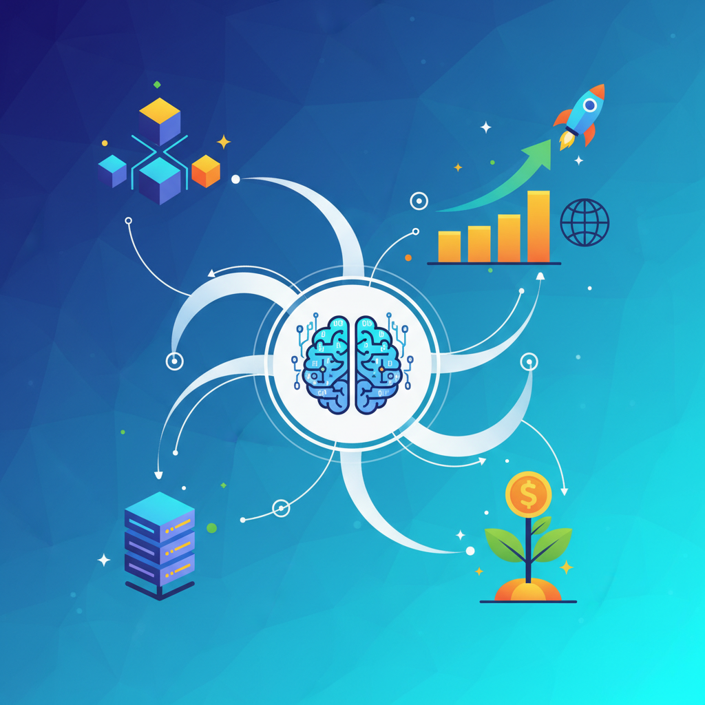 A dynamic infographic depicting growth and success, with interconnected elements symbolizing data, AI, and business expansion, vibrant colors, clean infographic, modern layout, high contrast, no text