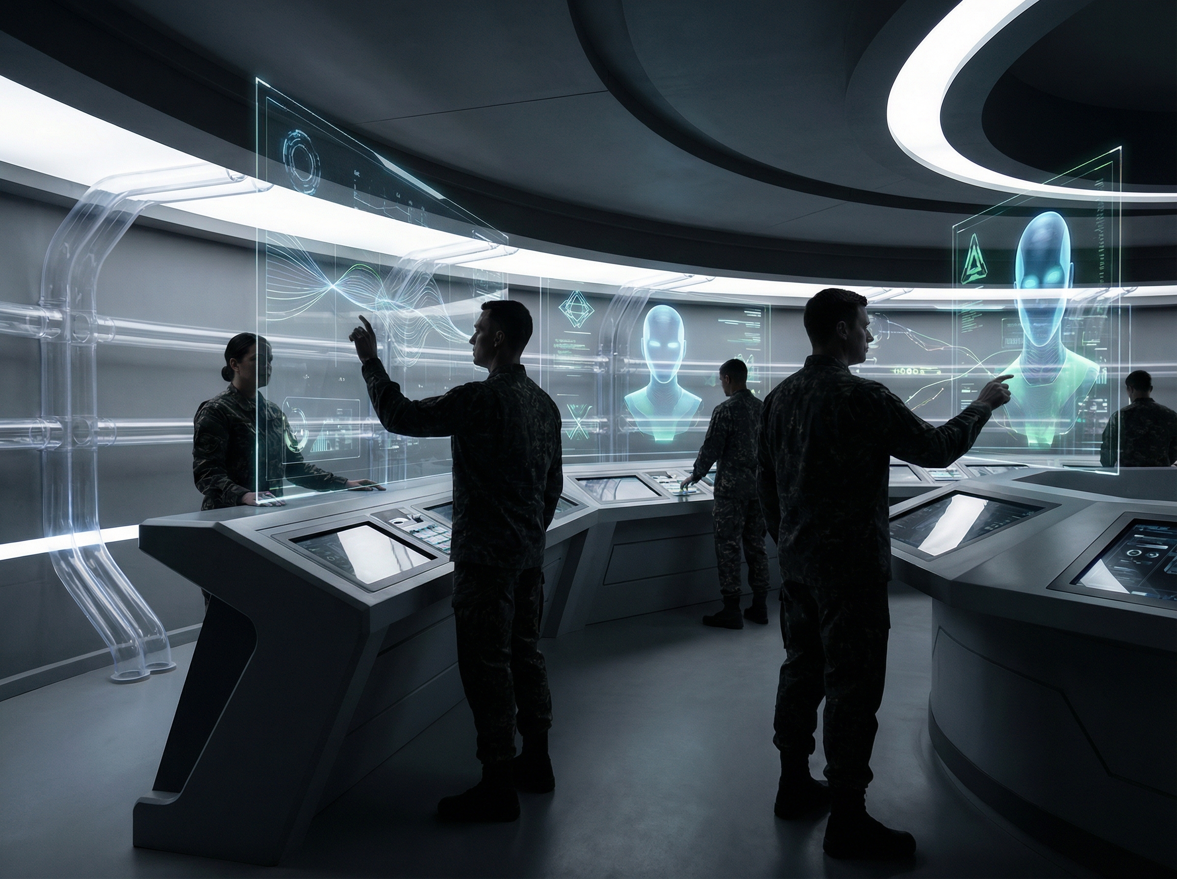 A futuristic military operation room with holographic displays showing data streams and AI interfaces, blending human and technological elements, modern layout, high contrast, no visible text, aspect ratio 4:3.