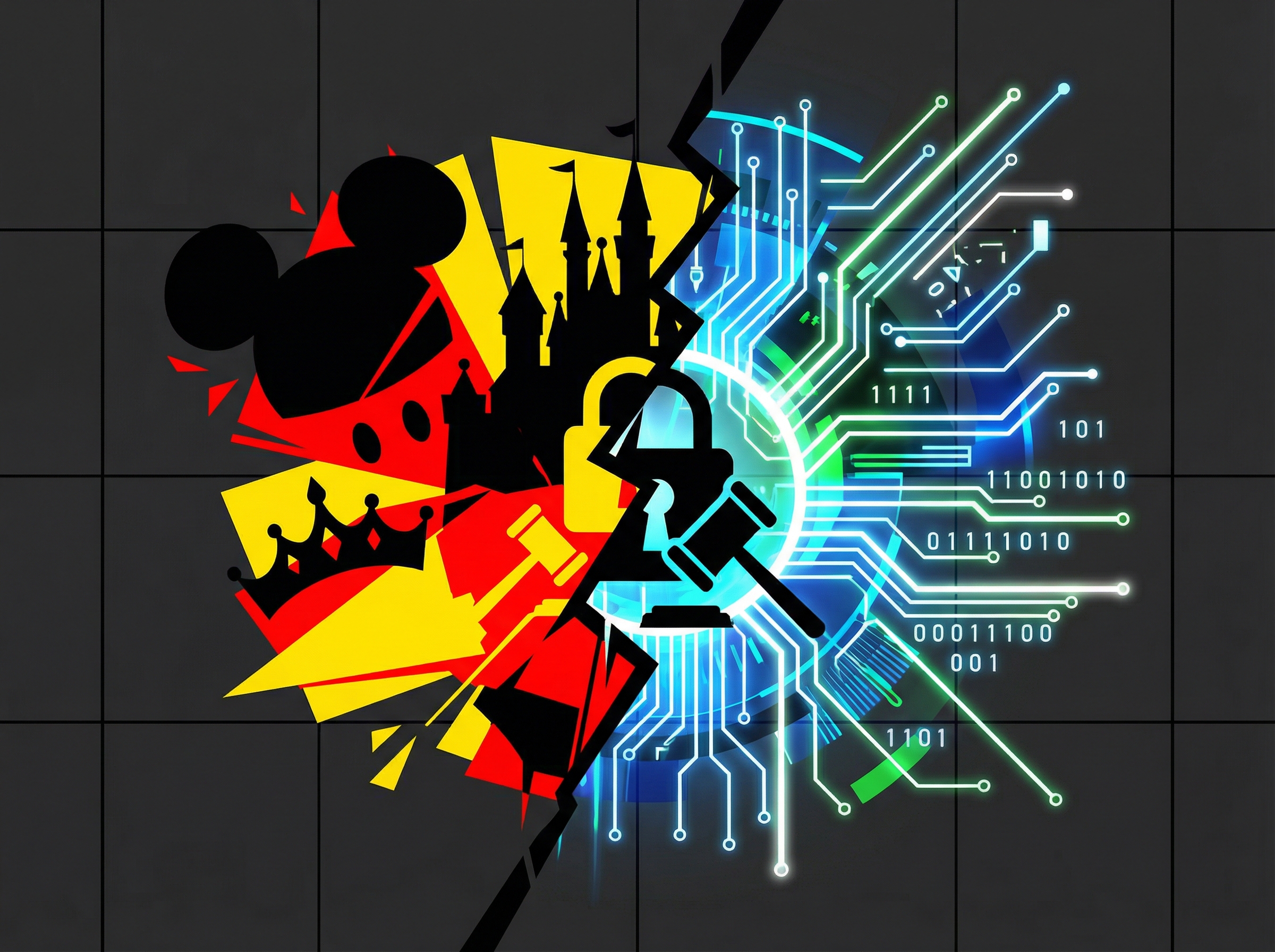 Abstract representation of Disney characters in conflict with AI symbols, illustrating a copyright dispute. Modern layout, high contrast, no visible text. aspect ratio 4:3