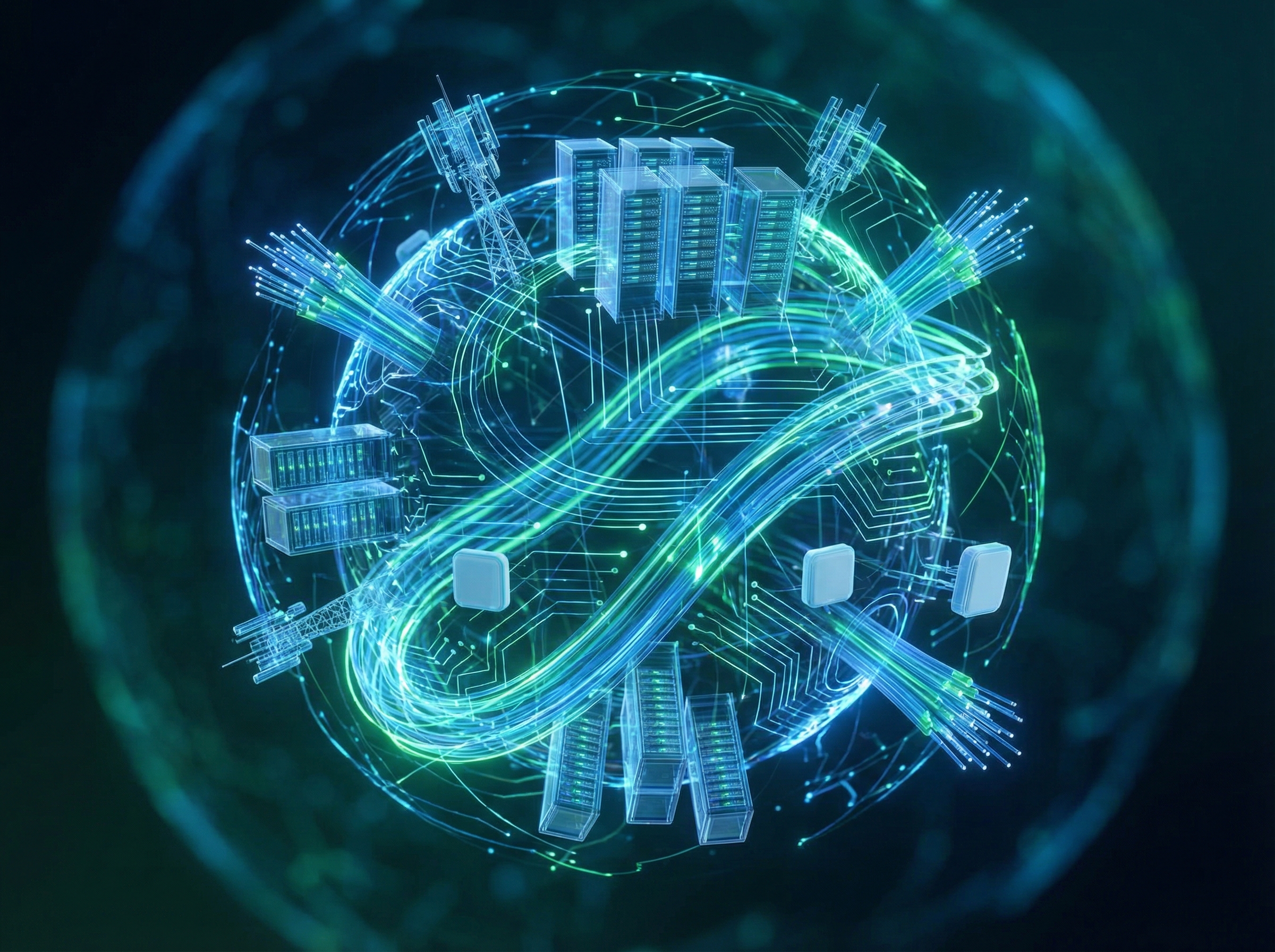 Diverse digital infrastructure elements like server racks, cell towers, fiber optics, and small cells, abstractly integrated into a single glowing network. Blue and green dominant colors, modern, clean, no visible text, aspect ratio 4:3.