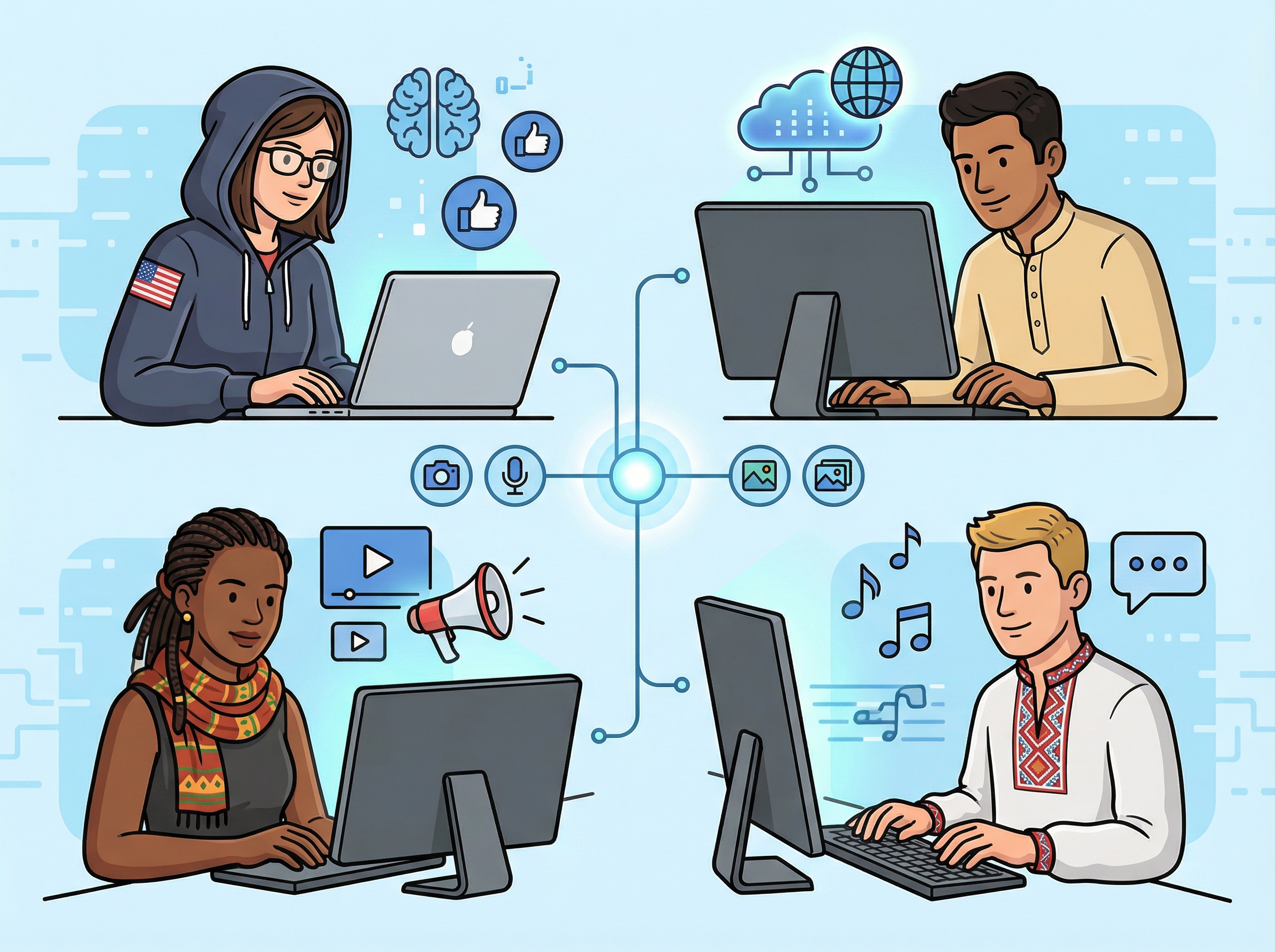 A diverse group of people from different countries (US, India, Kenya, Ukraine) sitting at computers, intensely focused on creating AI-generated content for social media platforms. Clean infographic style, no visible text, 4:3 aspect ratio.