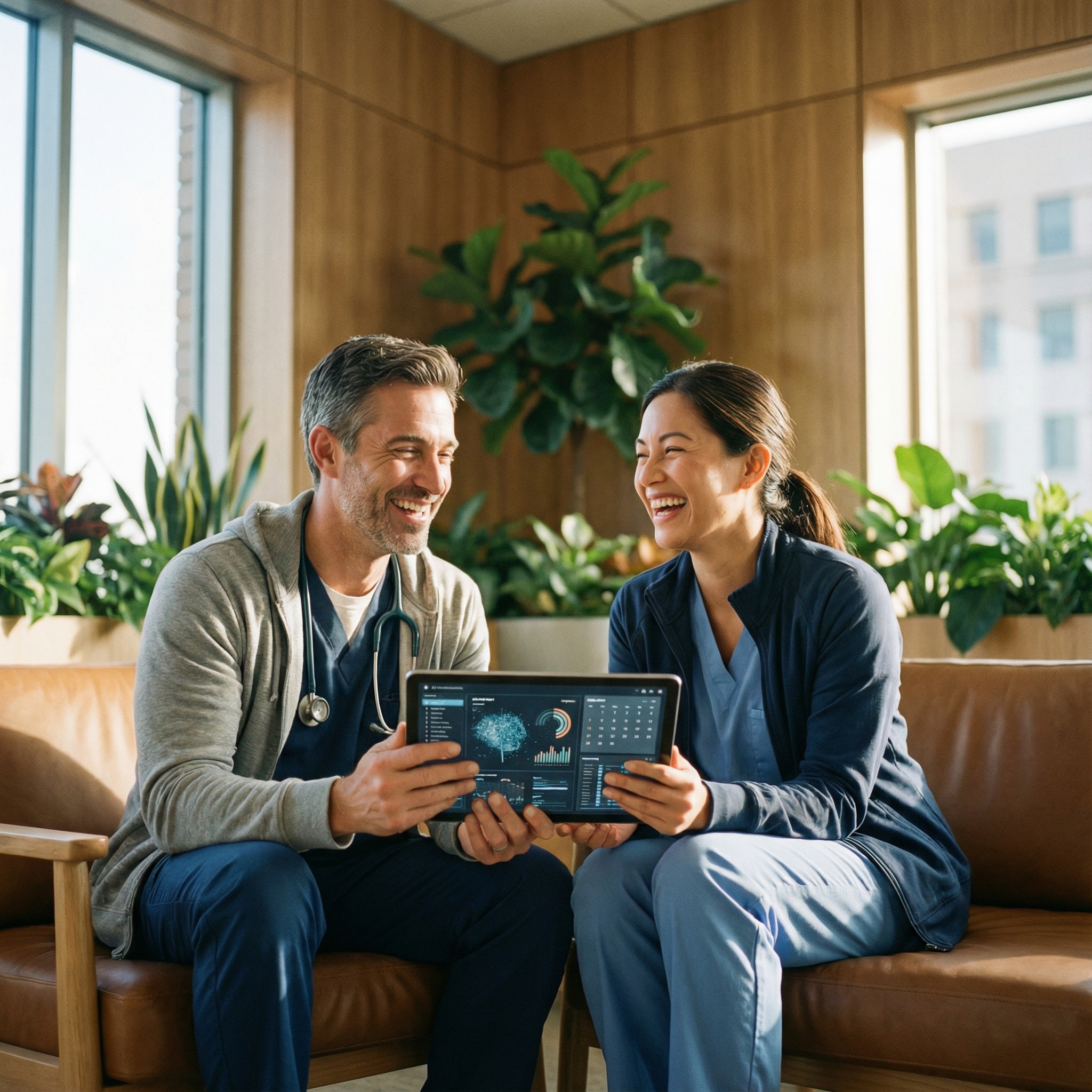 A doctor and a nurse in a modern hospital setting, looking at a tablet displaying AI-powered patient data and a clear schedule, smiling. Lifestyle photography, warm lighting, natural setting, 1:1 aspect ratio, no visible text.