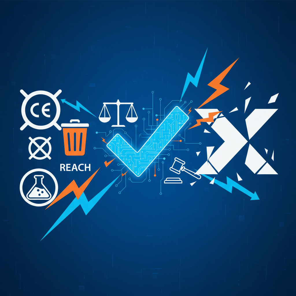 Infographic style, illustrating a conflict between EU regulatory symbols and X (formerly Twitter) logo, with a prominent blue checkmark symbol at the center, representing a legal dispute. Clean, modern layout, high contrast. No text. Textured background.