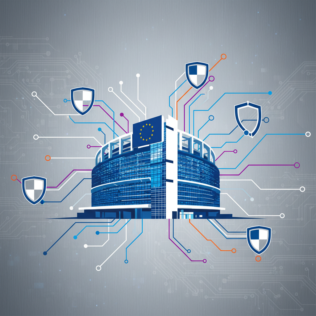 Clean infographic showing a stylized European Union building blended with digital network lines and shield symbols, representing digital services act and consumer protection. Modern layout, high contrast. No text. Textured background.