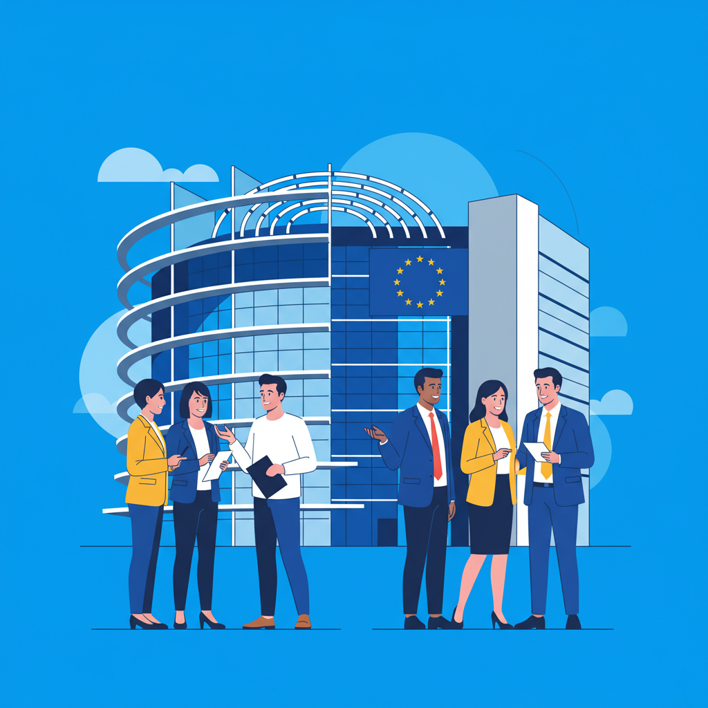 A group of diverse professionals discussing animatedly in front of a modern European Commission building, clean infographic style, high contrast, vibrant blue sky, no text