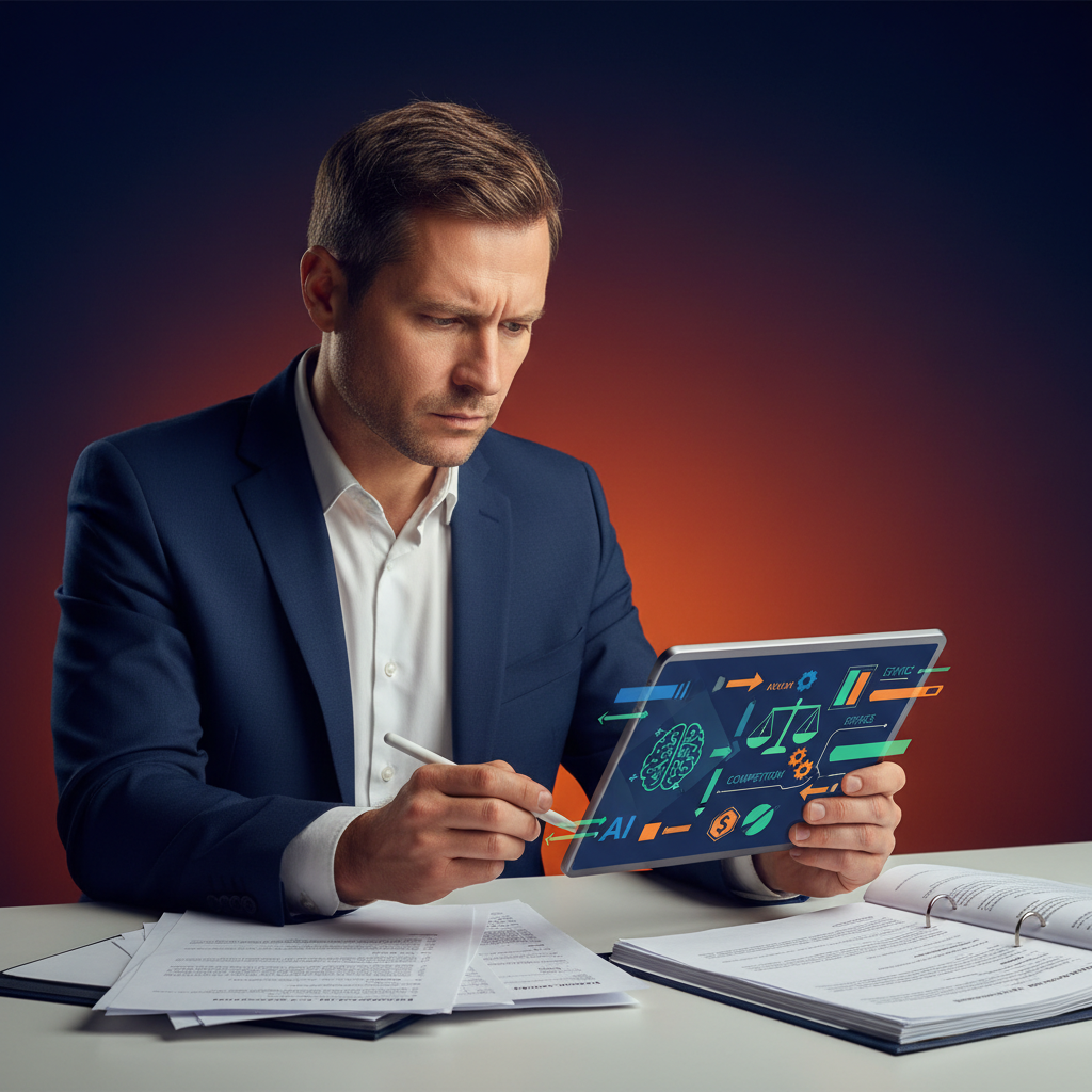 A serious European investigator reviewing legal documents related to AI and competition, clean infographic, modern layout, high contrast, colored background, no text