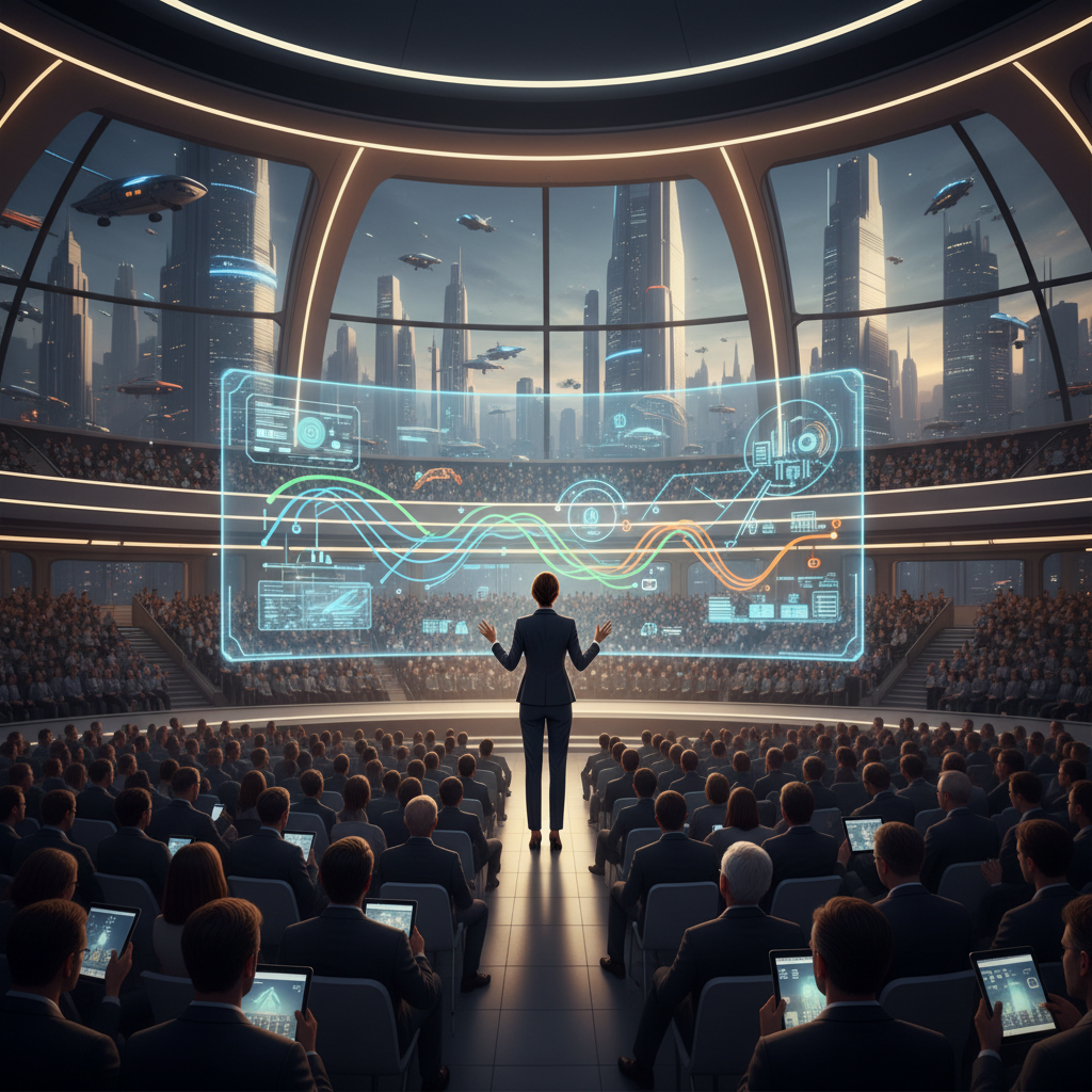 A visionary CEO on stage, presenting to a large audience about future technology, clean infographic style, warm lighting, futuristic setting, no text