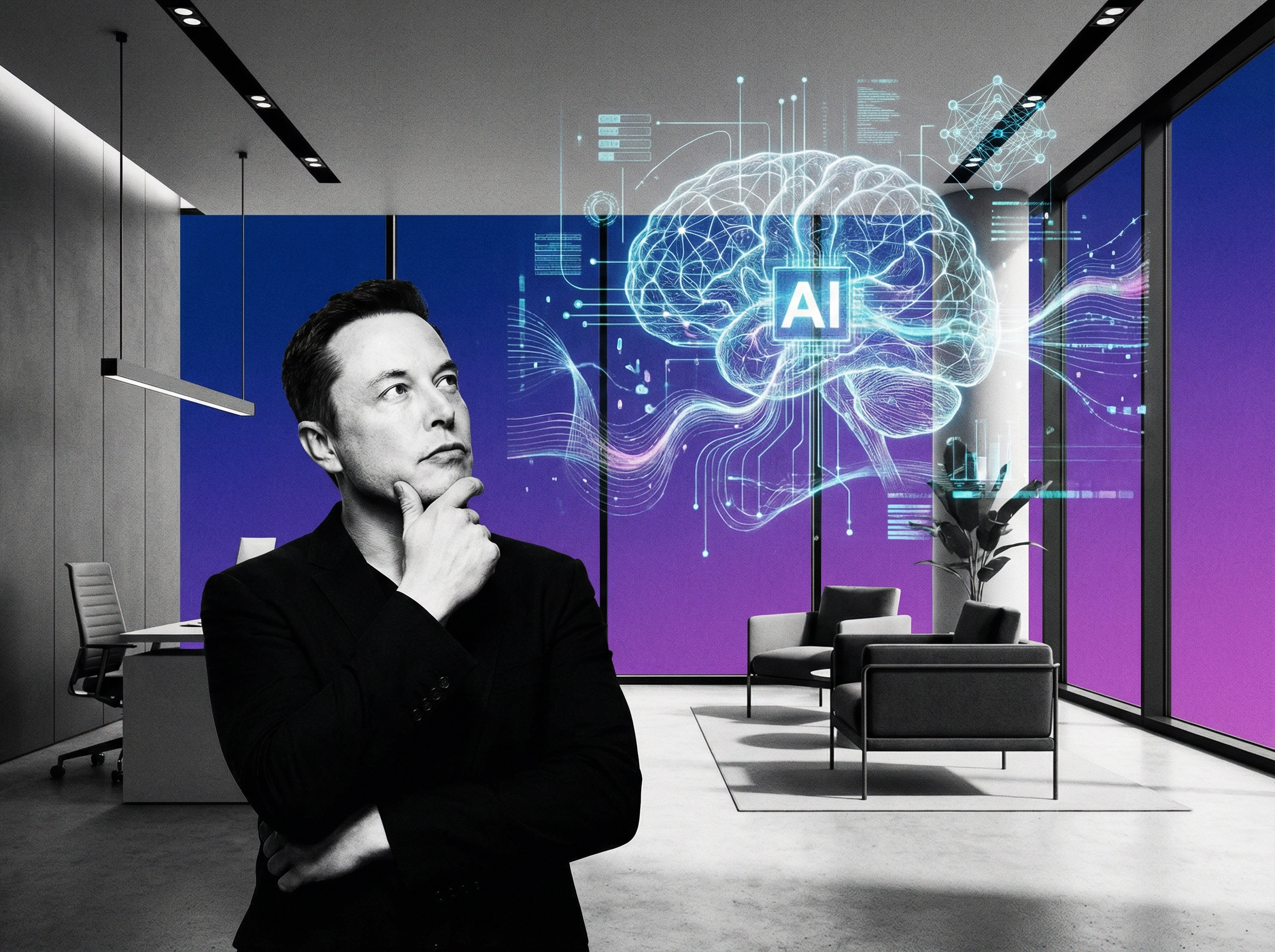 A thoughtful Elon Musk figure in a modern office, looking towards a holographic projection of complex AI algorithms and data streams. The style is modern layout and high contrast, with a gradient background. 4:3 aspect ratio, no visible text.