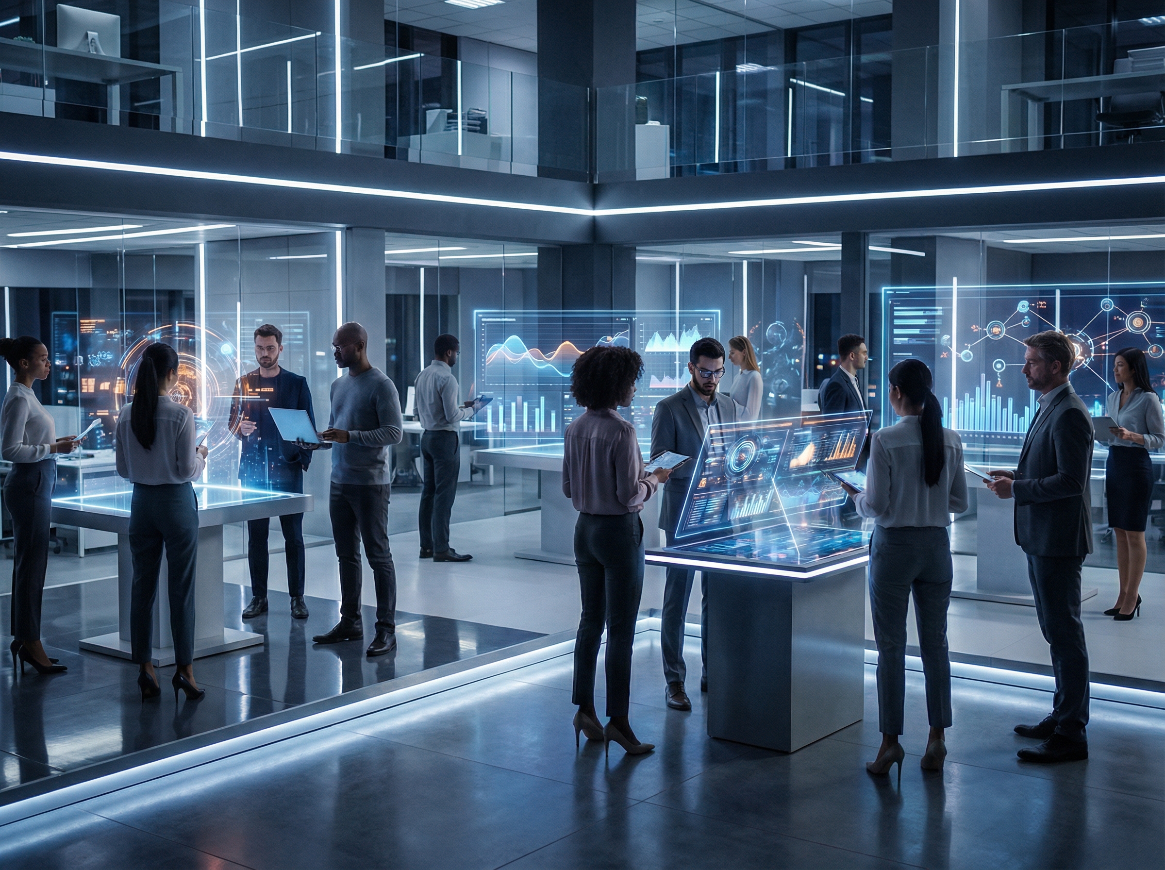 A futuristic office environment with diverse professionals collaborating, some interacting with holographic interfaces displaying AI data and analytics, symbolizing enterprise AI adoption. Modern, clean infographic style, high contrast, no visible text, 4:3 aspect ratio.