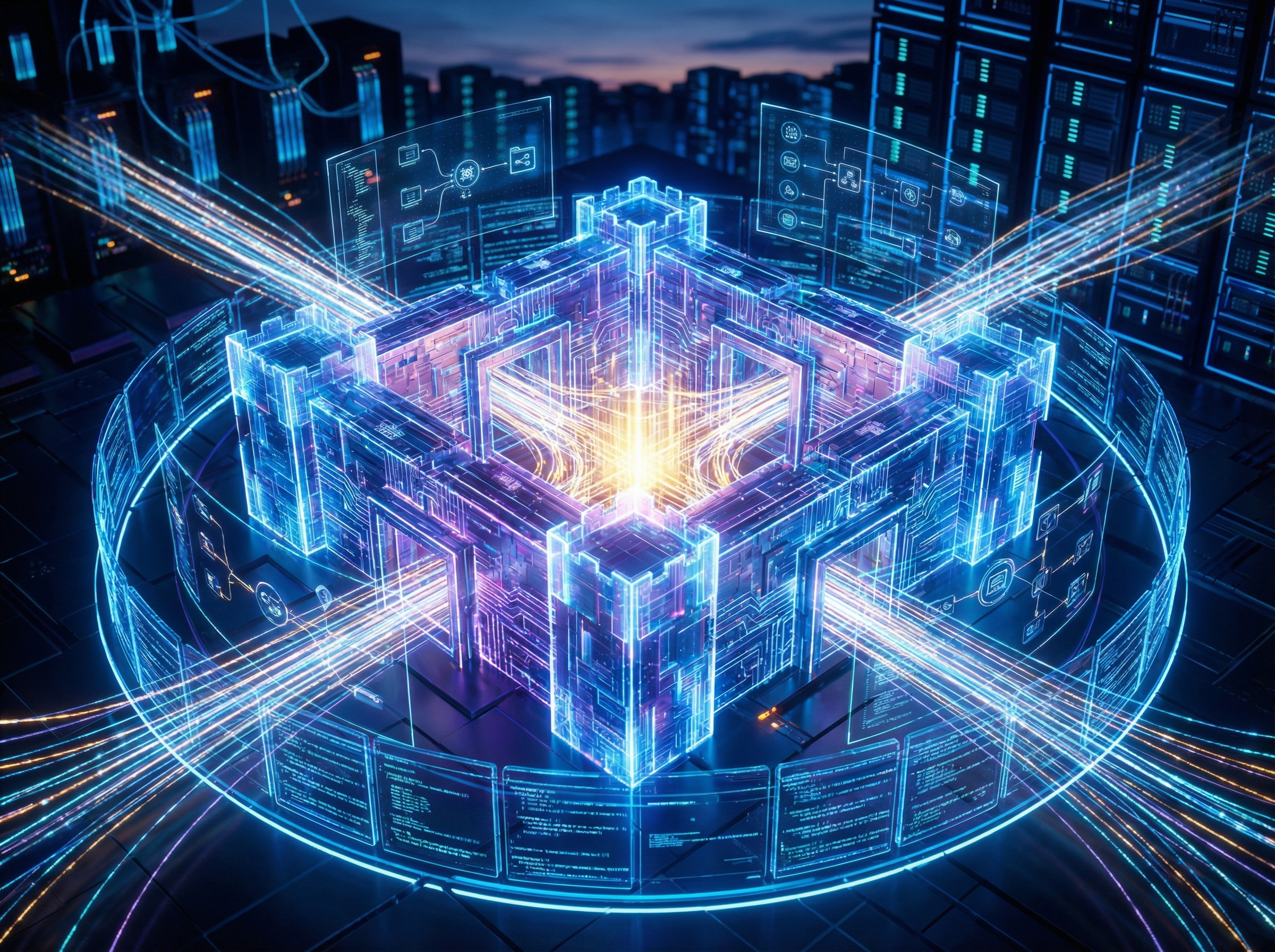 A digital fortress with layers of security and data streams flowing into its core, representing a strong 'moat' for an AI startup. The fortress is integrated with enterprise workflows. Modern layout, high contrast, no visible text, 4:3 aspect ratio.