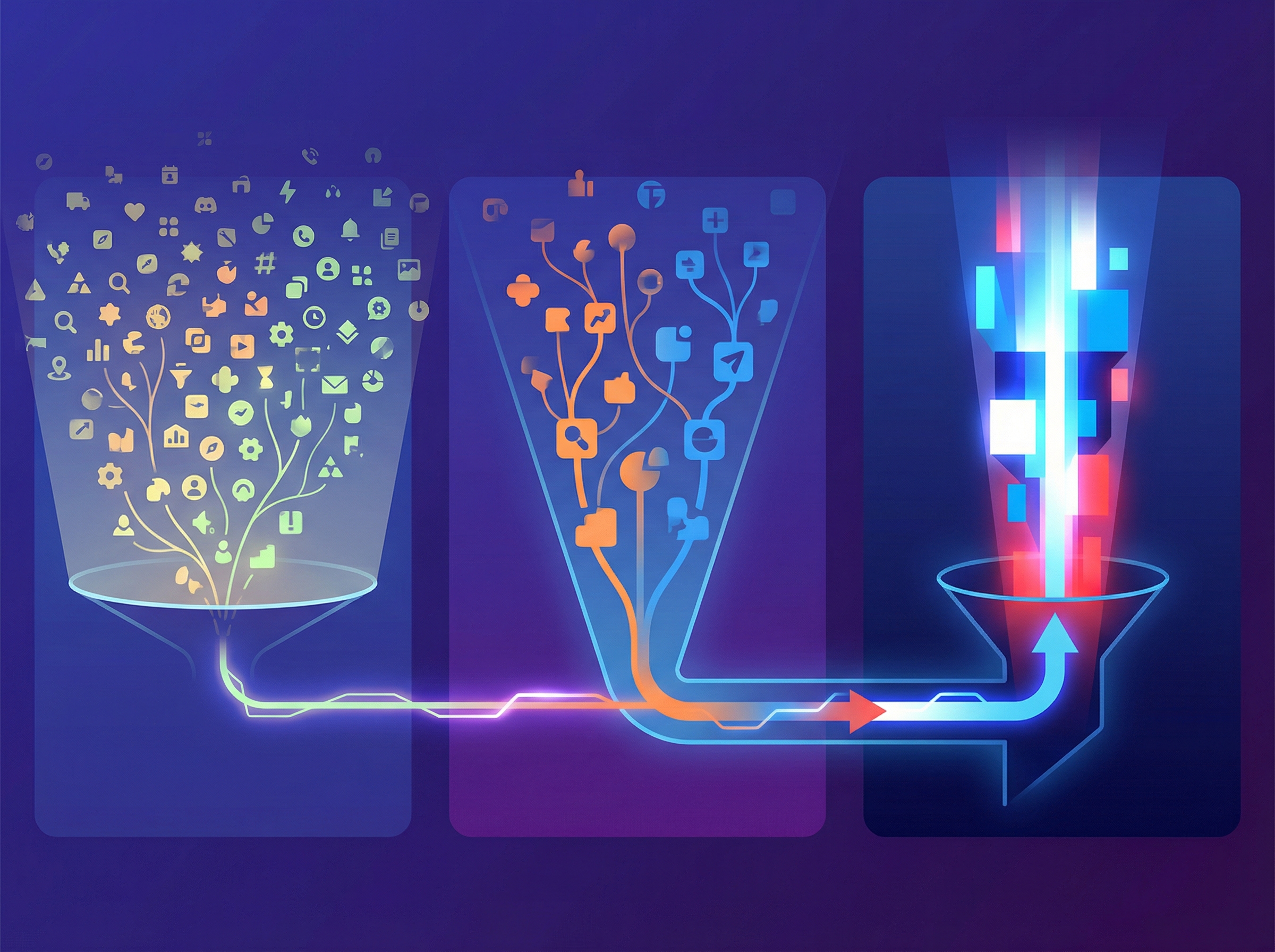 Clean infographic showing the evolution of enterprise AI spending from broad experimentation to concentrated investment in 2026, with a timeline from 2024 to 2026. Use a modern layout, high contrast, and a colored background. No visible text, 4:3 aspect ratio.