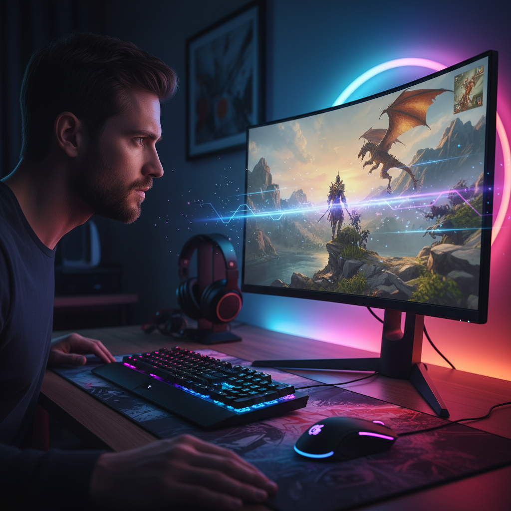 A gamer intently looking at a monitor displaying a high-resolution game scene, with subtle visual effects representing upscaling technology, modern gaming setup, vibrant colored background, no text