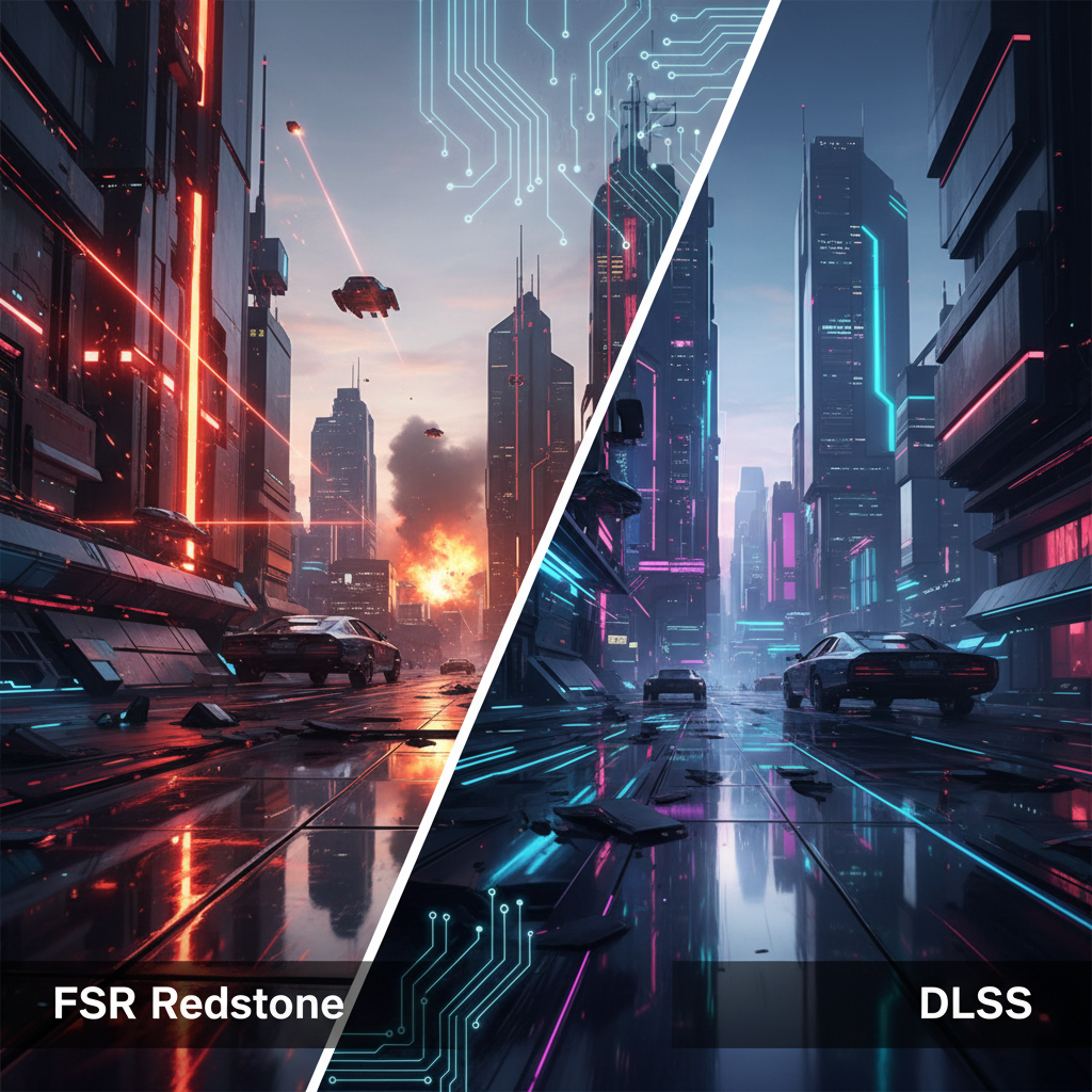 A dynamic visual comparison between two advanced graphics technologies, one side representing "FSR Redstone" with sharp, enhanced visuals, and the other side representing "DLSS" with equally impressive quality, creating a sense of competition and progress. Clean, modern aesthetic with a textured background, no text