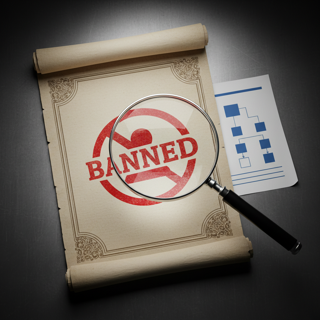 An official-looking government document with a red "BANNED" stamp, a magnifying glass hovering over it, clean infographic, high contrast, no text