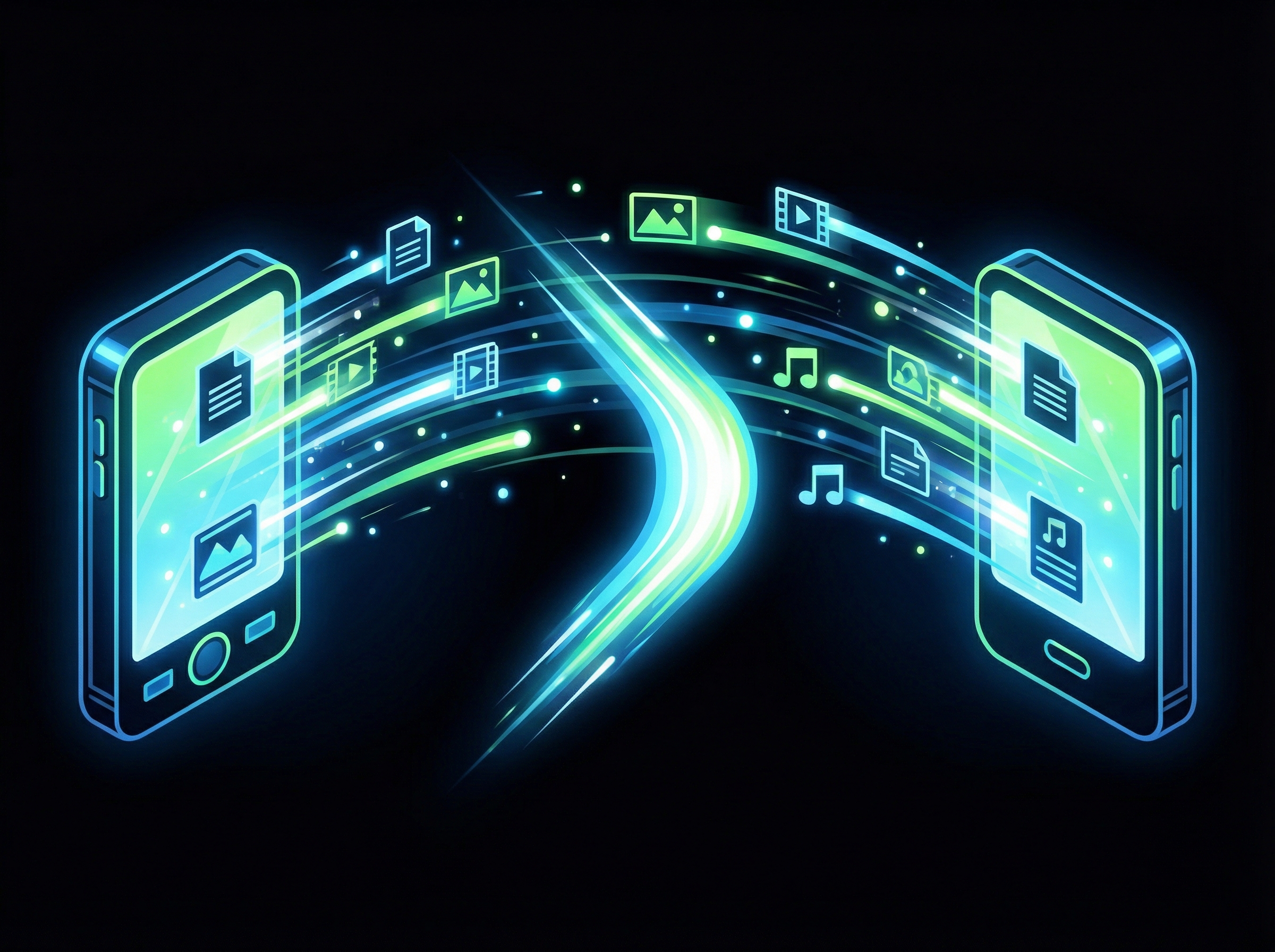 A clean infographic showing digital files quickly transferring between two stylized devices, representing the speed and simplicity of Boomerang. Informational style, high contrast, no visible text, aspect ratio 4:3.