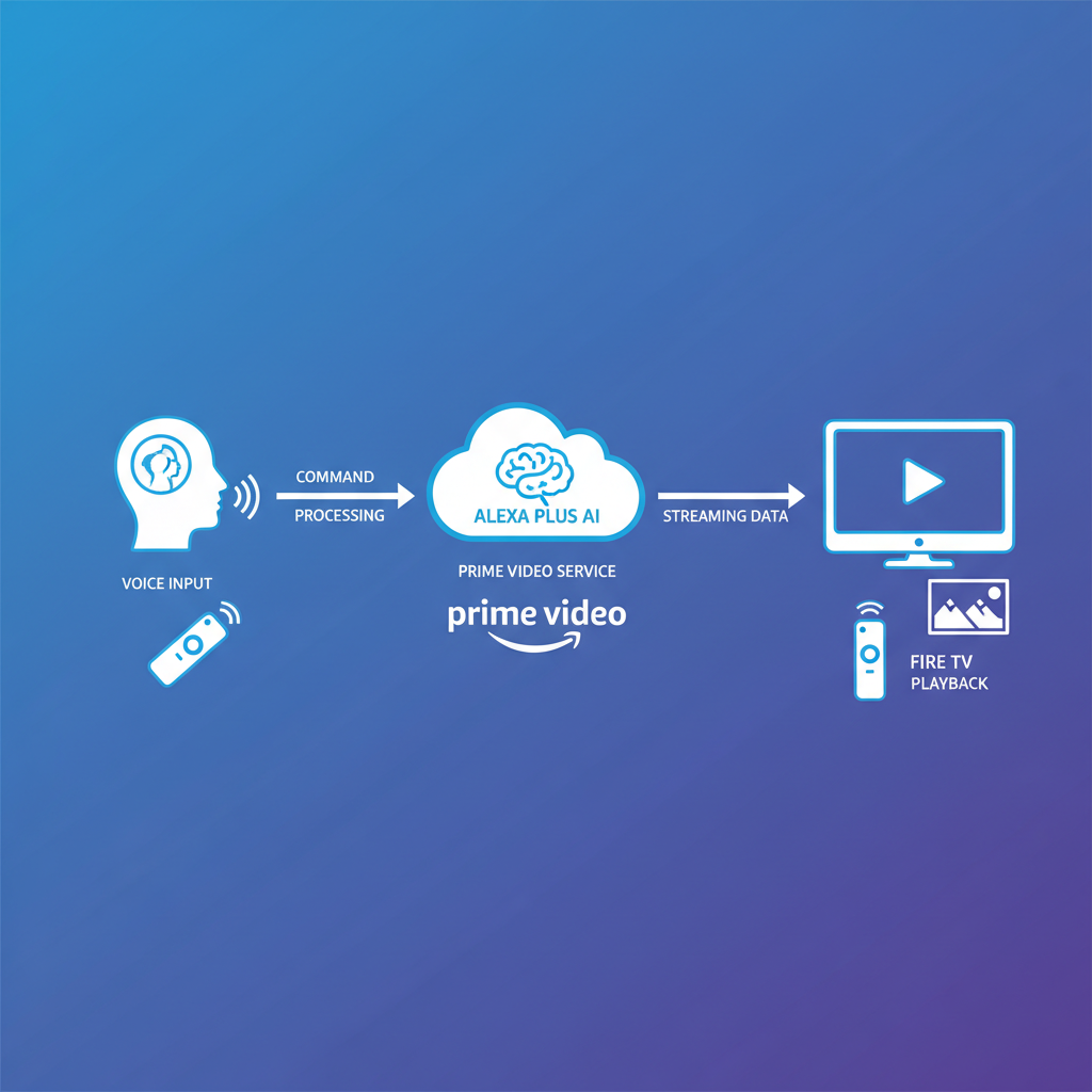 A clean infographic showing the integration of Fire TV, Prime Video, and Alexa Plus. Illustrate data flow from user voice command to scene playback. Use modern icons for TV, remote, cloud (AI), and Prime Video logo subtly. Style: clean infographic, modern layout, high contrast. Background: gradient blue-purple. No visible text in image.
