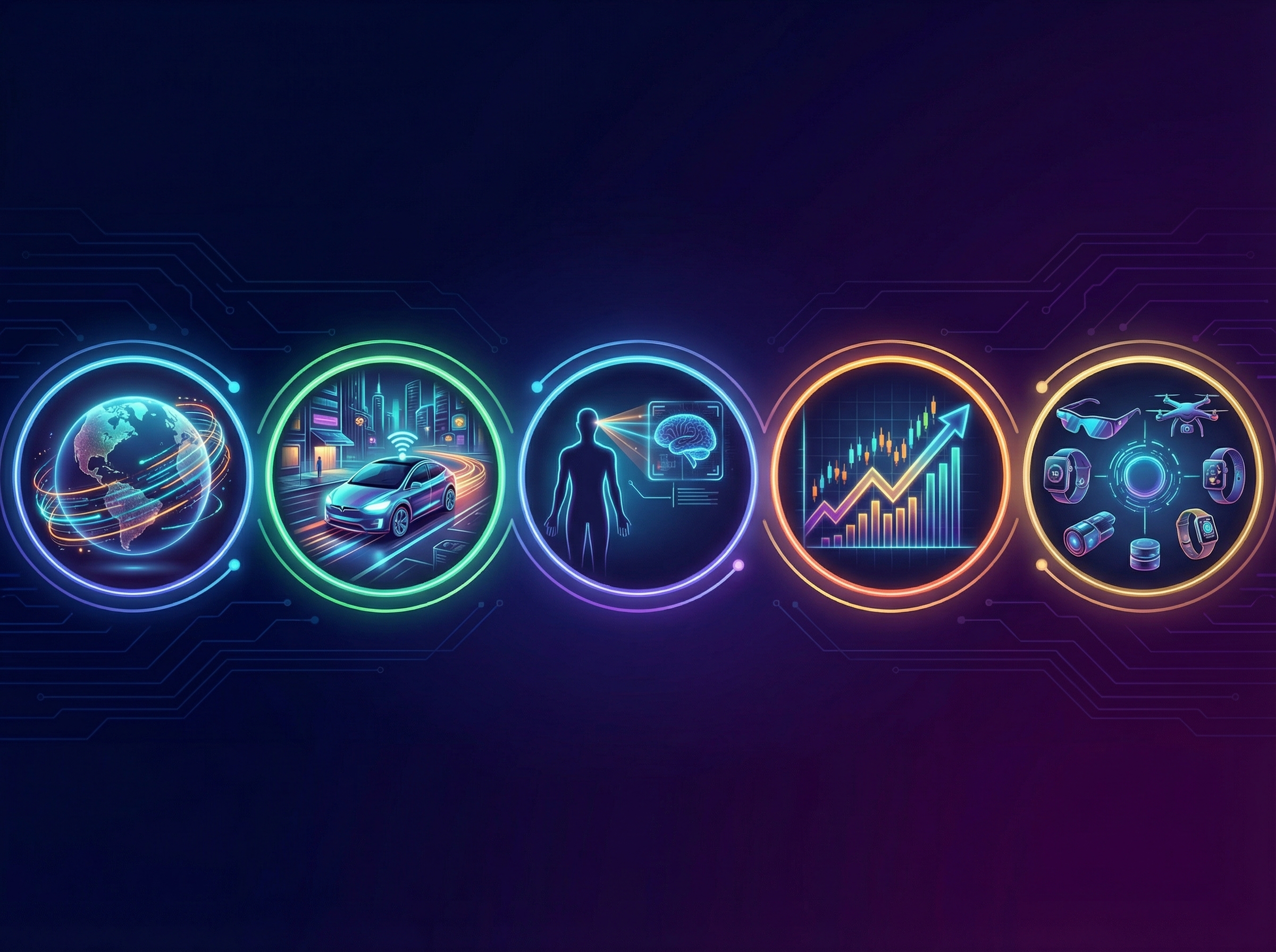 A sleek, modern infographic displaying five distinct technological trends for 2026: a globe with data flowing, a self-driving car on a city street, a human figure interacting with an AI interface, a rising stock chart, and diverse consumer tech gadgets. Informational style, clean layout, high contrast, colored background, centered focus, no visible text. aspect ratio 4:3