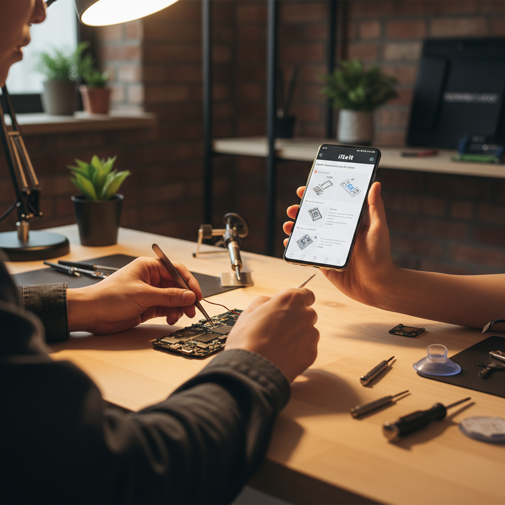 Close-up of hands carefully repairing a small electronic device like a smartphone or tablet on a clean workbench. Another hand holds a smartphone displaying a repair guide from the iFixit app. Tools are neatly arranged. Warm, focused lighting, textured background, no text. Korean appearance.
