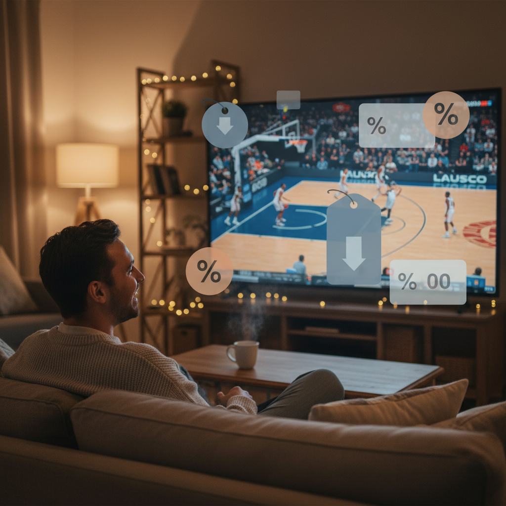 A person smiling while watching a sports game on a large TV screen, with a subtle overlay of price tags showing a reduction. The setting is a cozy living room. Style: lifestyle photography, warm lighting, natural setting. No visible text in image.