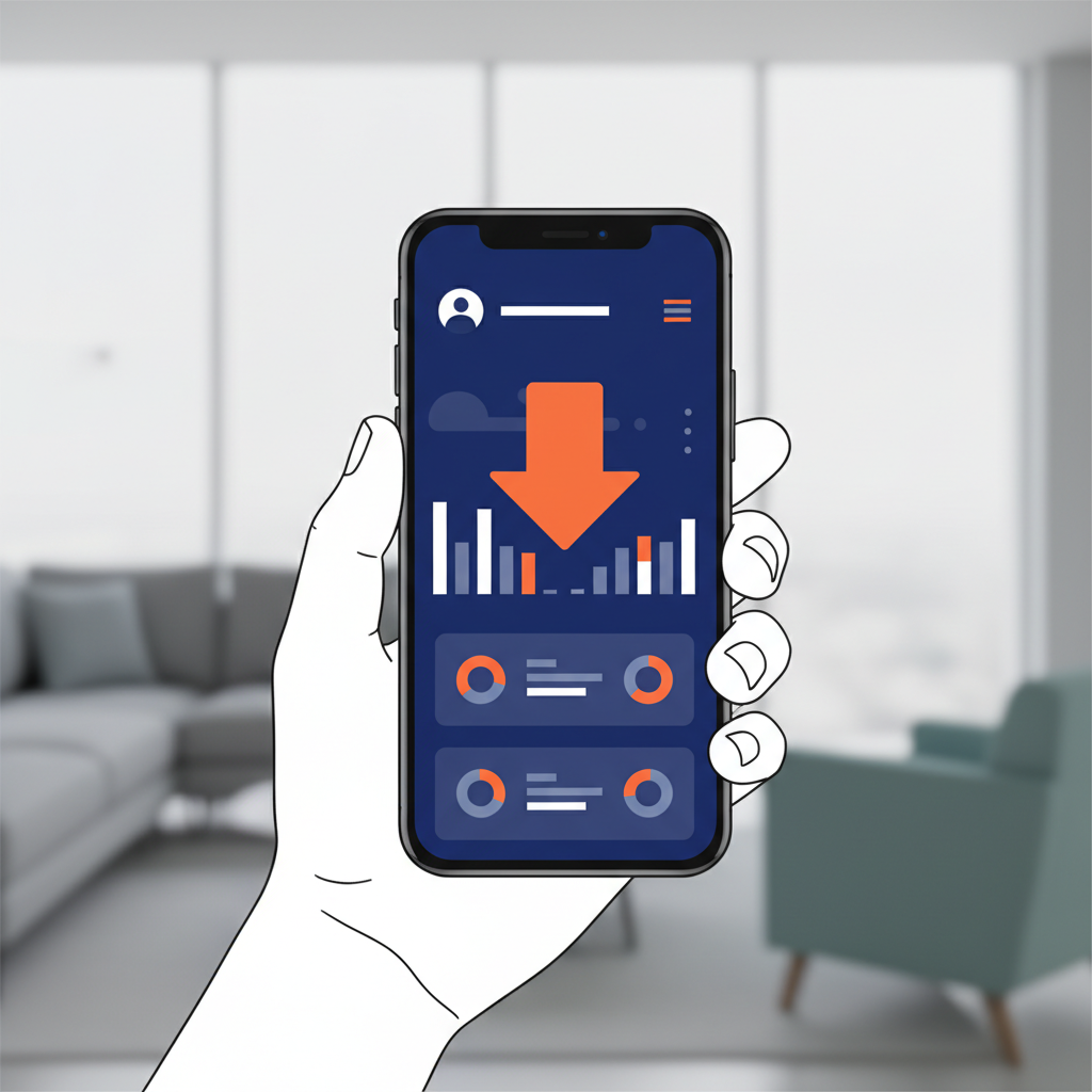 A hand holding a smartphone displaying a streaming service interface with a downward arrow indicating price reduction, set against a modern living room background. Style: clean infographic, modern layout, high contrast. No visible text in image.