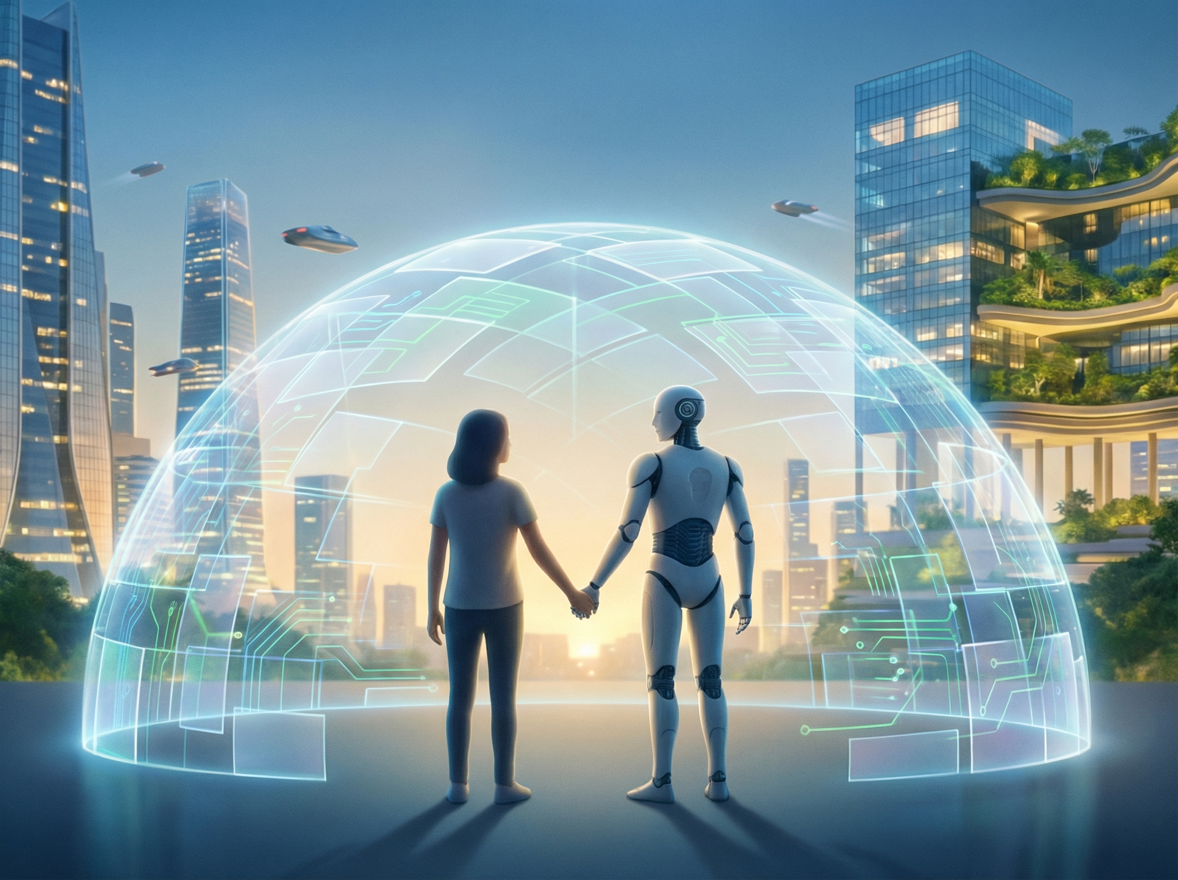 A harmonious blend of human and AI elements, with transparent protective layers symbolizing strong safety protocols, glowing, futuristic city in background, positive and secure atmosphere, 4:3 aspect ratio, no visible text