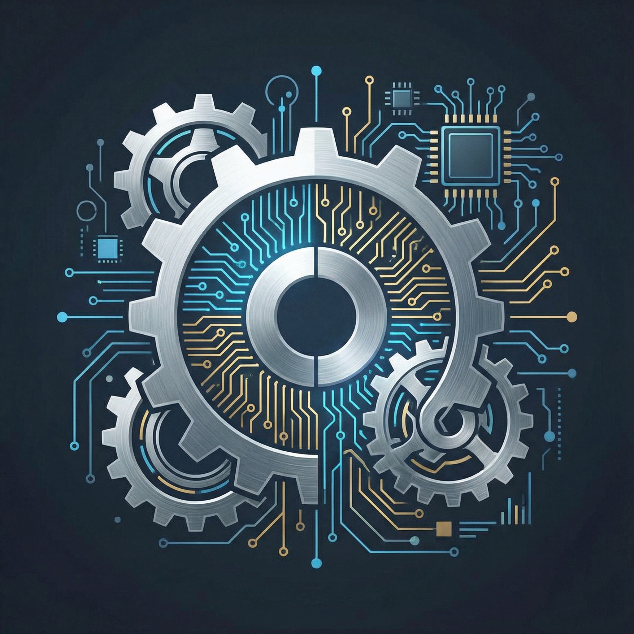 Interlocking gears and circuit board patterns representing the complex challenge of balancing technology and exam integrity, clean infographic, modern layout, high contrast, 1:1 aspect ratio, no visible text.